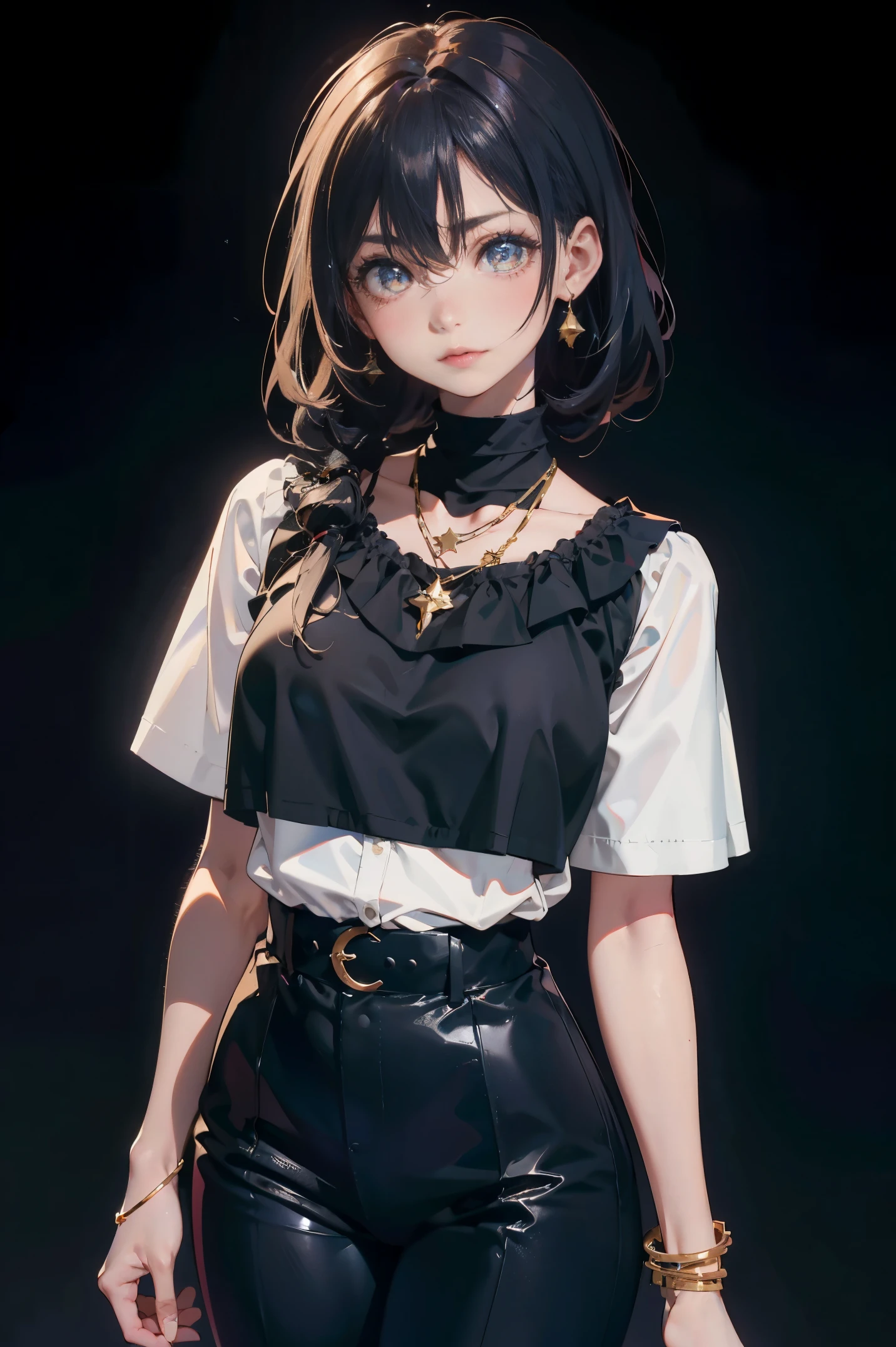 Top quality masterpiece illustrations、Black hair and black eyes、Wearing multiple necklaces、Wearing earrings and rings、Little girl in a white fancy dress looking up、Beautiful face with hair on the side short hair at the angle of the lower body is fair、Bright colors、more details、