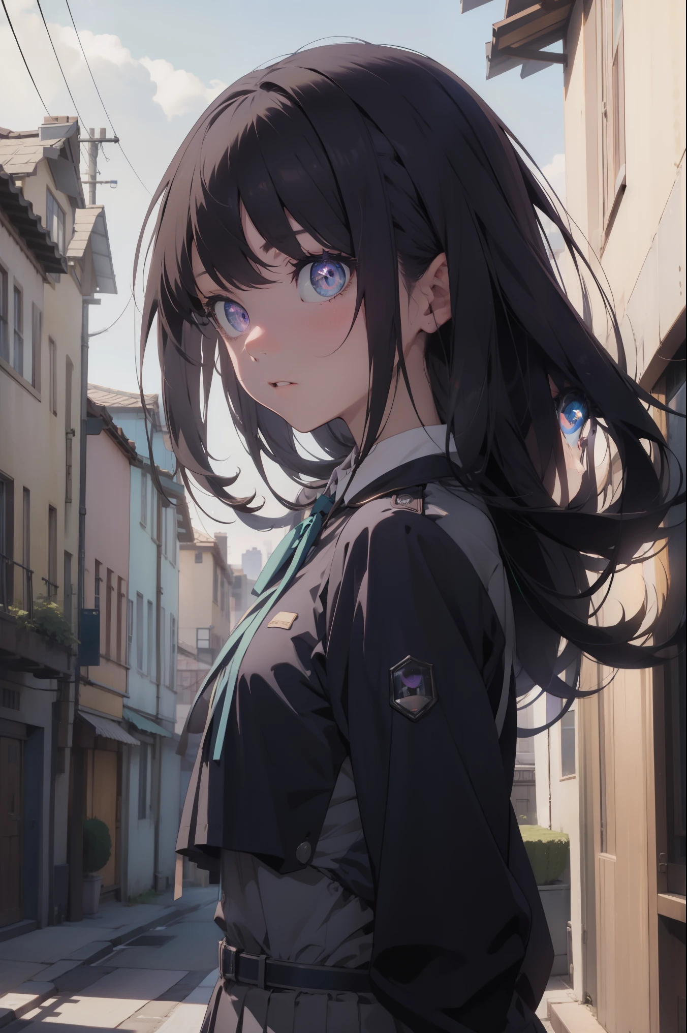 takinainoue, inoue takina, long hair, bangs, black hair, (purple eyes:1.2), BREAK shirt, long sleeves, dress, ribbon, school uniform, white shirt, collared shirt, belt, neck ribbon, blue dress, green ribbon, pleated dress, grey dress, two-tone dress, blue belt, lycoris uniform, BREAK outdoors, city, BREAK (masterpiece:1.2), best quality, high resolution, unity 8k wallpaper, (illustration:0.8), (beautiful detailed eyes:1.6), extremely detailed face, perfect lighting, extremely detailed CG, (perfect hands, perfect anatomy),