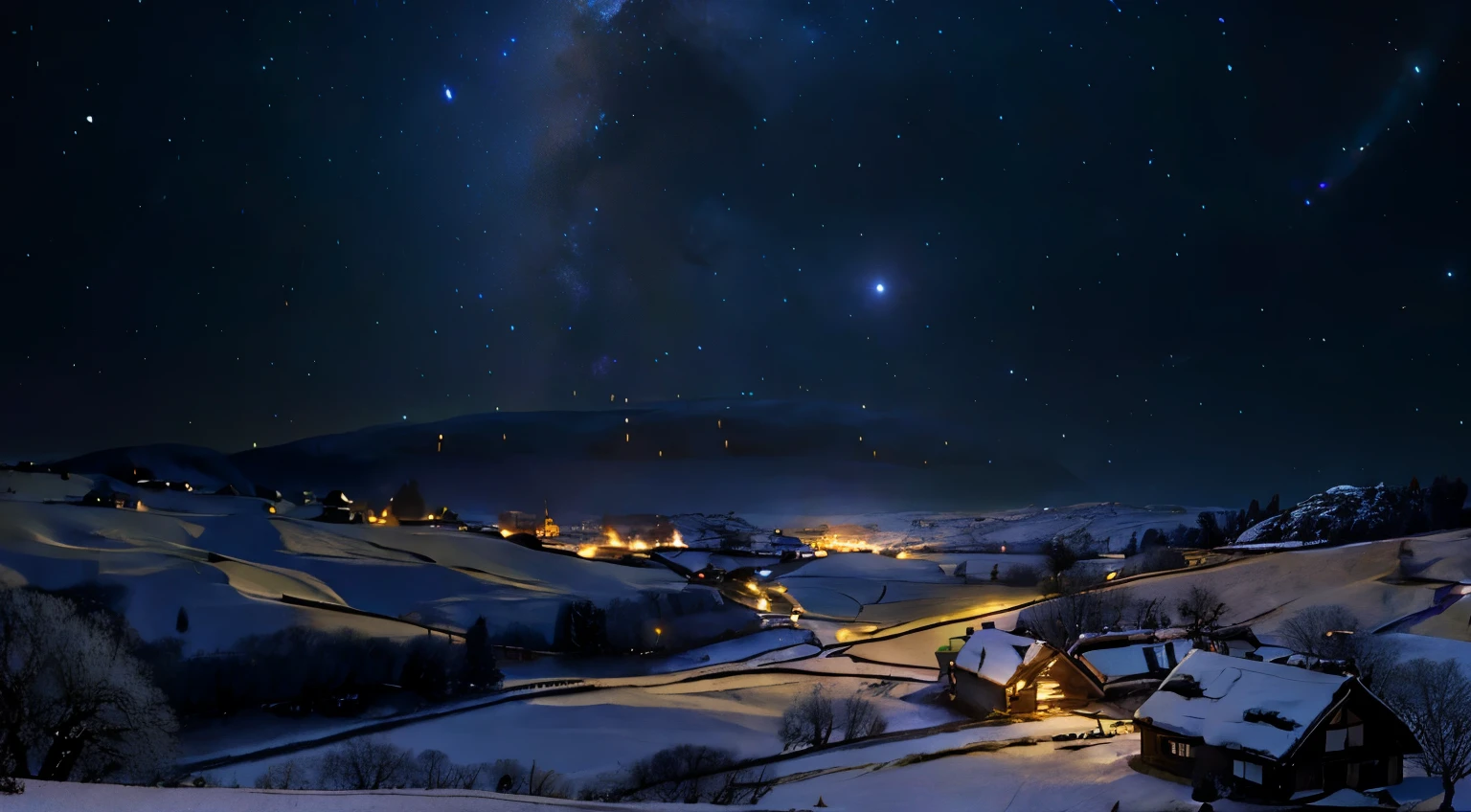 a quiet village nestled amidst rolling hills. Dark Night. full of star