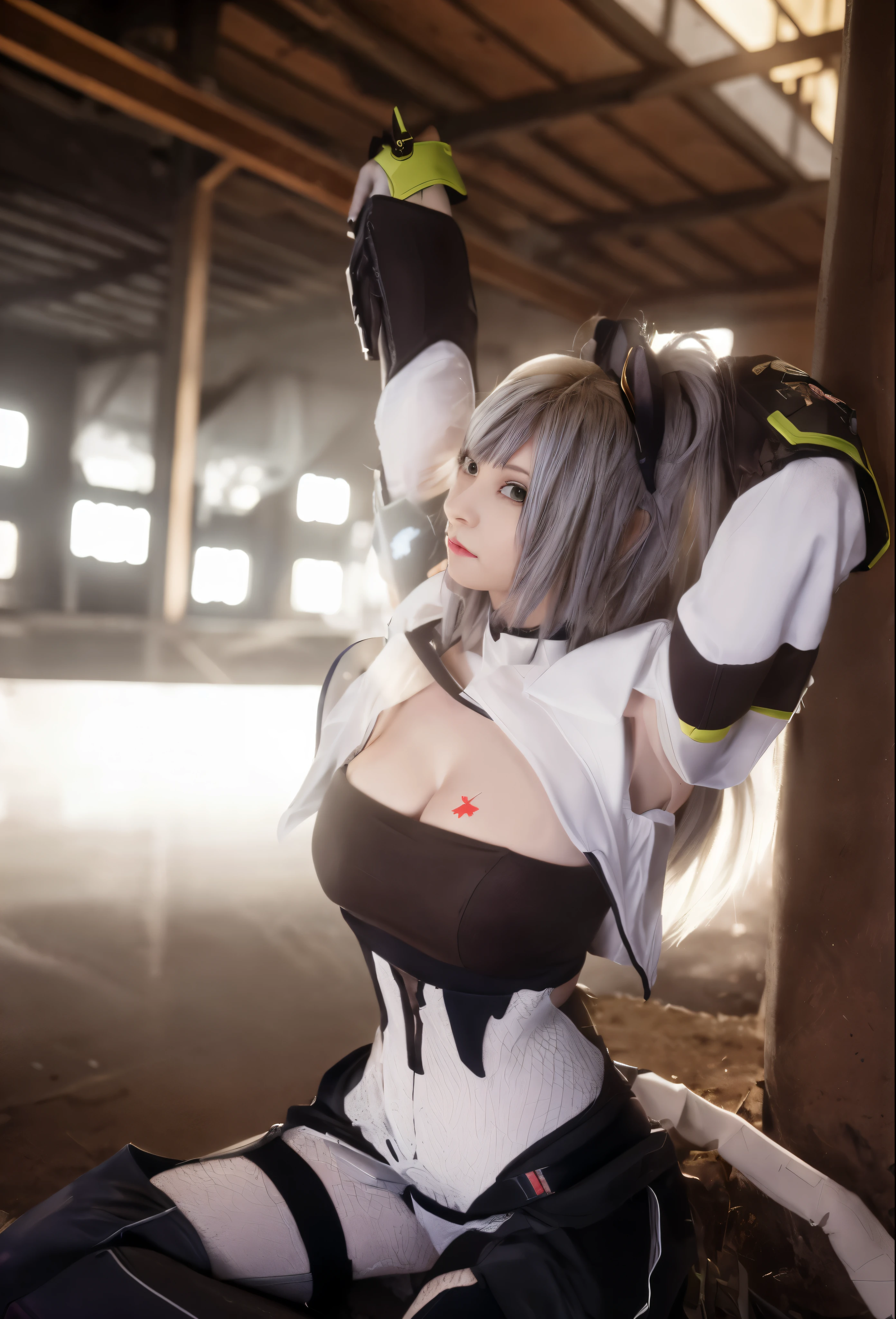 A dressed woman is sitting on the ground, Anime girl ,  Photo, as Overwatch character, Anime , , Professional , captured on canon eos r 6, as an Overwatch character, from Overwatch, Overwatch inspired, from girls frontline, mercy ( Overwatch ), Ayaka , 2 b, full-, 2b