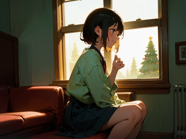 (masterpiece, illustration, best quality, cute style, feel good style, father-daughter theme, lo-fi girl), (girl celebrates Christmas in home alone, laughing, sitting beside the window, parallel to window),( man outside peeking in through window), (candid shot, daughter side profile, negative space composition:1.2)