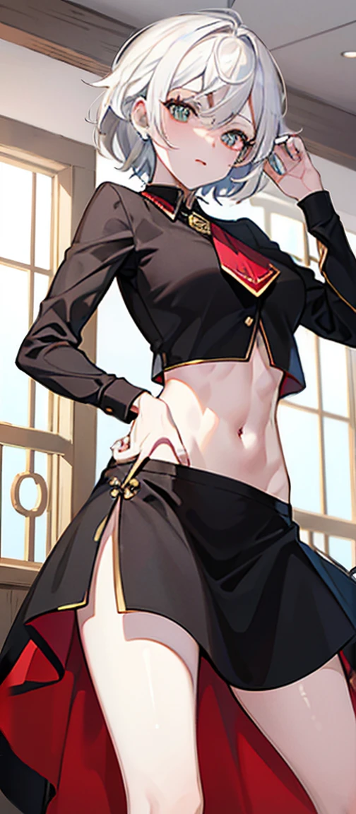 ((Best quality at best, 8K, tmasterpiece: 1.3)), Full body lesbian, Focus Clear: 1.2, Outstanding style: 1.4, Slim abs: 1.2, ((White hair, : 1.2)), cleanness, Highly Detailed Face and Skin Textur, 詳細な目, 二重まぶた，，Chopping，vacuum，revealing her belly，titmouse，Upper body