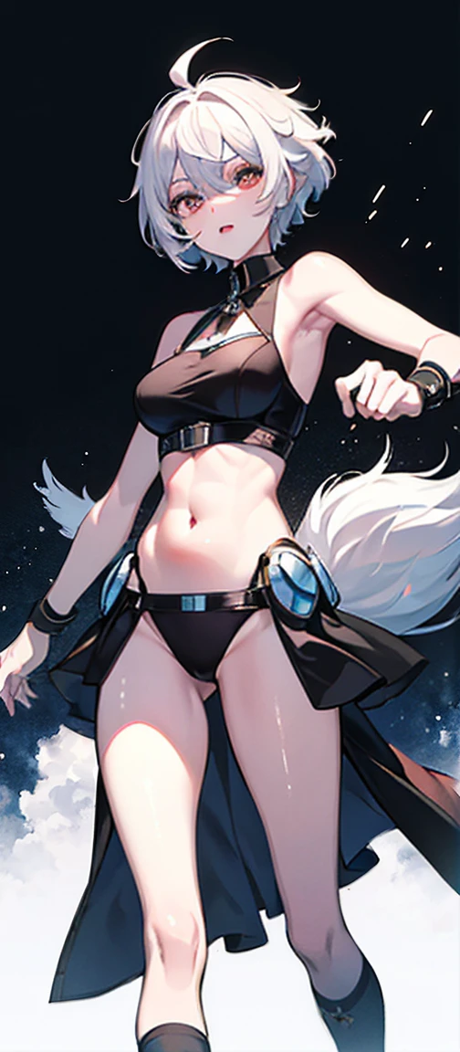 ((Best quality at best, 8K, tmasterpiece: 1.3)), Full body lesbian, Focus Clear: 1.2, Outstanding style: 1.4, Slim abs: 1.2, ((White hair, : 1.2)), cleanness, Highly Detailed Face and Skin Textur, 詳細な目, 二重まぶた,,Chopping,vacuum,revealing her belly,titmouse,Upper body