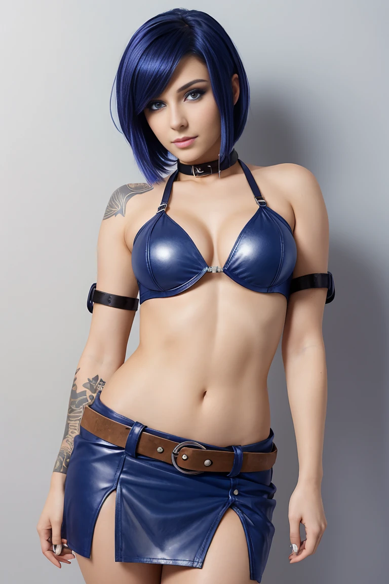 25 year old woman with short undercut indigo hair as a skimpy fairy with leather miniskirt, cleavage, belt. Blue eyes with eye liner. Neutral background