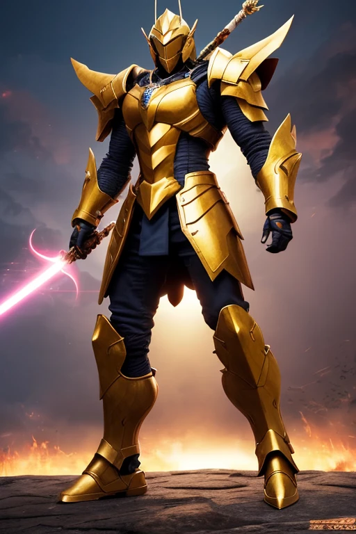 机器人 mechs golden colored spartan style Light armor mechsニカルヘッド Equipped with a laser spear on the right hand Equipped with a small shield on the left hand Character erasure Background Removal