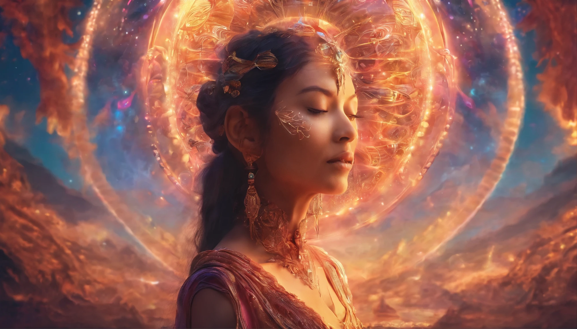 girl meditates,Close your eyes,3d world,earth, and the potential for interstellar learning.. 8K, horizontal format