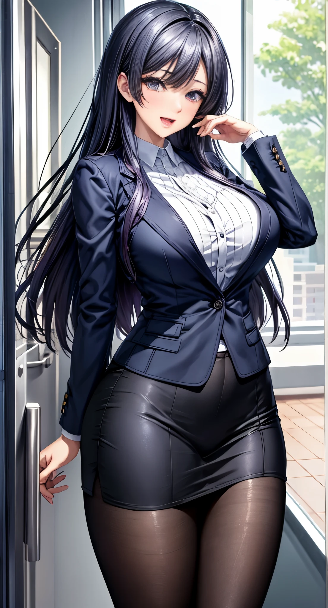 wedding ring on Left ring finger,long hair, big breasts,, Expectant smile,black hair,beautiful face, blush,beautiful eyes,28years old,milf,（purple panties exposed:1.8）、nsfw
BREAK
Office, black tights,break,Tailored jacket, pencibutton-down shirt, 
break
Masterpiece, best quality, ultra-detailed, HIGH RESOLUTION, ultra-high definition CG,attractive eyes,eyelashes,round eyes,jewelry eyes,twinkle eyes,slanted eyes, eyesight, long eyelashes, eye highlights,
BREAK,(open mouth smile),look at viewer,Transparent of light, diffraction of light,Anime, best quality, masterpiece, high quality, high resolution, detailed,
break
(wide hip:1.1),perfect hand&#39;s ,perfect fingers