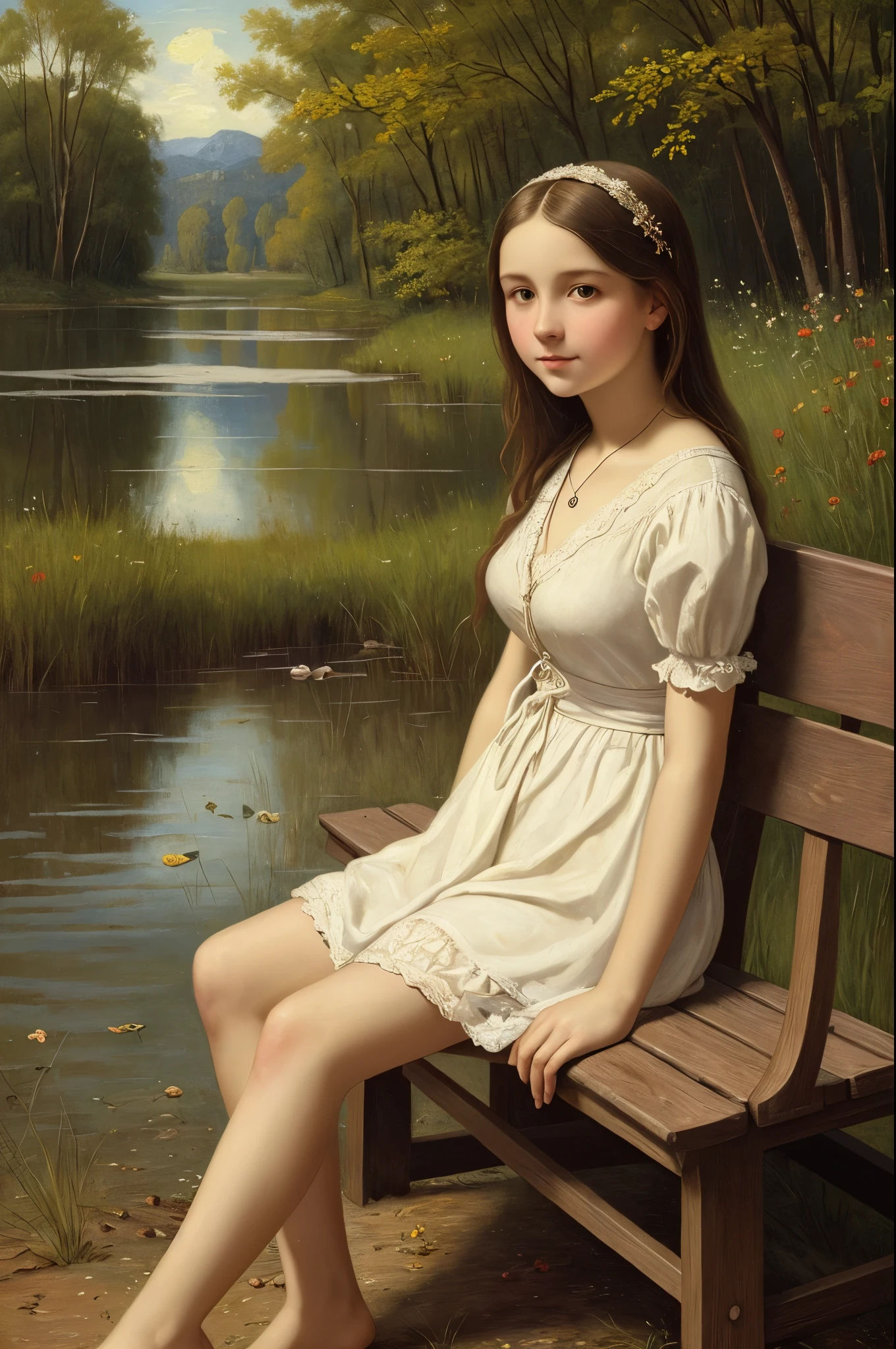 a young slavic dreamy girll sitting on a bench by the pond ((in the style of Ilya-Repin)), 19th century, ((oil painting)), colorful, The highest detail, ((masterpiece)), ((Single shot)), Impression, perspective, 8K