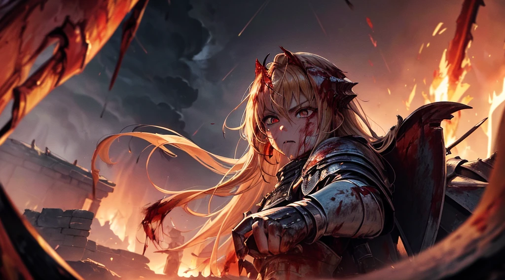 masterpiece,best quality,ultra detailed,1Female Knight,upper body shot,look at viewer,The fire sword,blonde hair,long hair,blue eye,straight hair,(ThunderStorm:1,5),darksouls,(fire:1.4),(Rainy:0.8),((blood dripping from mouth:1.2)),(((profuse bleeding:1.5))),(finish off),(horde of enemies)