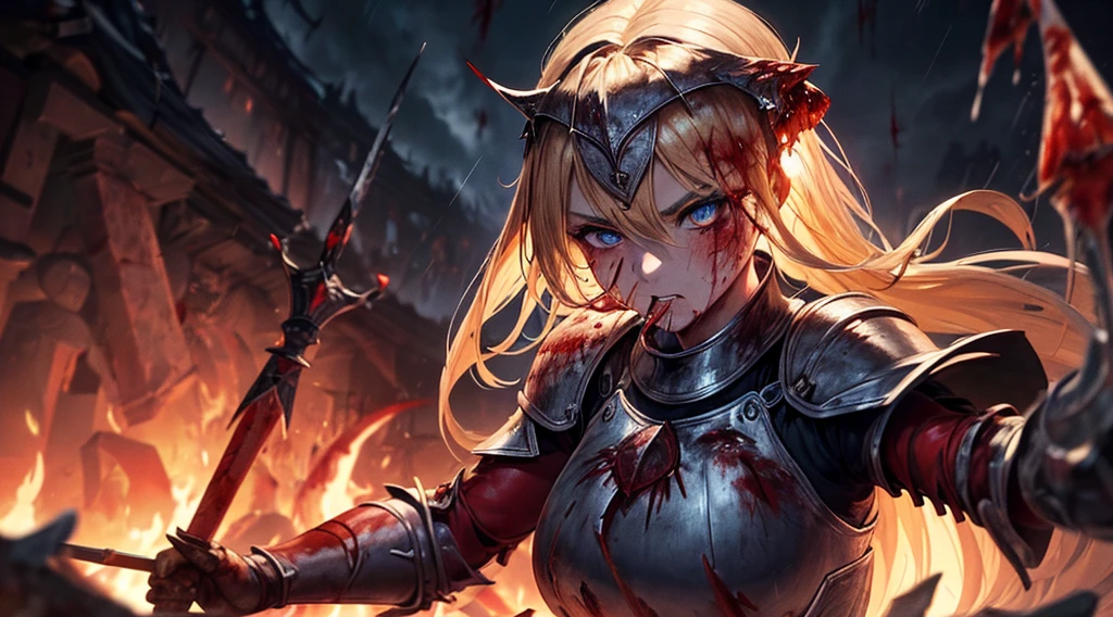 masterpiece,best quality,ultra detailed,(1 Fallen Female Knight),(rage:1.1),upper body shot,The fire sword,blonde hair,long hair,blue eye,straight hair,(ThunderStorm:1,5),darksouls,(fire:1.4),(Rainy:0.9),((blood dripping from mouth:1.2)),(((profuse bleeding:1.6))),castle town,(galaxy)