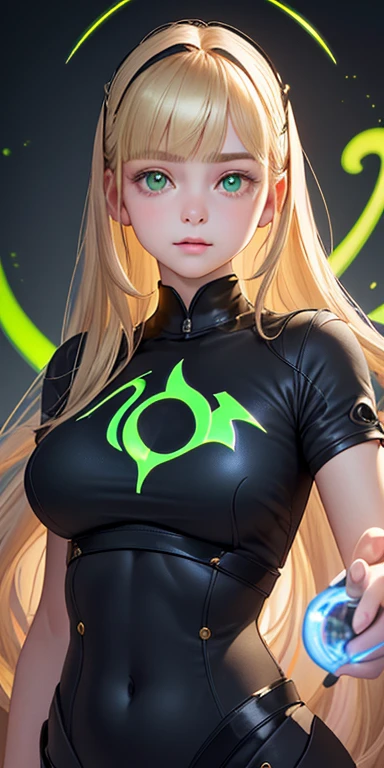 baby face, middle gold hair,blunt bangs:1.5,sideburns:1.5, (photorealistic:1.4), (masterpiece, sidelights, exquisite beautiful eyes: 1.5), masterpiece*portrait, realistic, 3D face,,kawaii face,front view: 1.5、 (glowing green eyes:1.2),plump face:1.5,(tareme:1.5)、(dark persona:1.5),Rosy Mouth,Slim Body,abs, shiny hair, shiny skin: 1.5、large breasts:1.3,solo,(stand)、(cutout between underboob and t-shirt)、(charactor focus:1.5、portrait)、upper body,