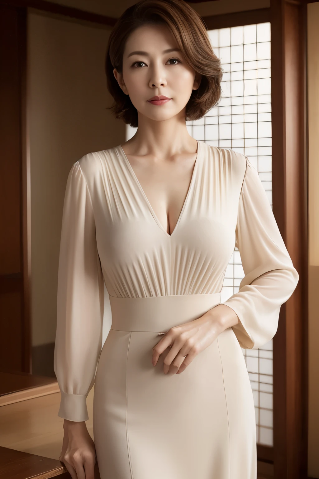 masuter piece, top-quality, masterpiece, hight resolution, Photorealsitic, Raw photography, 8k wallpaper, flawless, profetional lighting, ighly detailed, depth of fields,Pale solid color background, ((Japanese mature woman in her 50s)), chubby figure, Female sexy, Detailed face, beautidful eyes, bangss, large full breasts, Straight light brown hair that reaches to the shoulders, Faint lips, ((stand facing the center of the screen, Staring at the viewer, Serious face)),Business Wear, foot out of frame, Looking at Viewer, cowboy shot