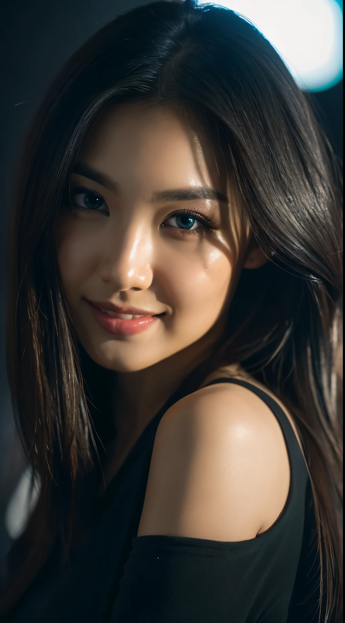 highest quality, epic realistic, ((in the pitch black darkness :1.4)), ((portrait:1.5)),(background: dark ) high contrast ,glorious picture, lowest lux, lighting face, she's comfortable, wearing nothing, , looks incredible, (8k, Raw photo, Highest quality),(epic realistic:1.5), a woman, face,(detailed eyes:0.8),(looking at the camera:1.4), (Highest quality), ( high contrast, deep shadows),Intricate details,cinematic,((skin:1.4)), (long dark hair:1.3), long hair, messy ,(Hdr:1.5),Detailed, colors, Superior quality, Masterpiece, Raw Photo (20-year-old, looking at viewer), beautiful, (wearing plain yellow shirt,), perfect, natural, perfect composition, portrait, perfect face, smiling expression, Captivating eyes, Bright details, Tight lips, (High Skin Detail),, (blue tint: 0.6), (sale: 0.8), (bloody: 0.7), Key lighting , (backlight: 0.5), Medium depth of field, Canon 5d, 50mm lens, f/4 apertures, (Ultra-detailed, Complex detail), sharp focus, soft colors, 8k, Absurd, 80mm, dark background, photography, smiling, pinay, filipina, medium boobs,