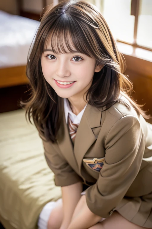 (((masterpiece))), (One beautiful Japan girl, classmates, Innocence,kawaii) ,超A high resolution, Realistic, ultra-detailliert, 8K,top-quality, Extremely detailed, Detailed background,A slender,very beautiful japanese girl, Detailed face:1.3), (a short bob,A dark-haired :1.4), (a baby face,kawaii系,adorable 14 year old girl), (Perfect body:1.1), (Brown blazer, Light brown pleated mini skirt), smiling mischievously,Show your beautiful teeth,Super Detailed Face、Detailed lips、A detailed eye、small gravure idol,Transparent skin、Lori,Japanese high school uniform with the school emblem on the chest,high-definition RAW color photography, professional photograpy, Extremely detailed,, amazing, finely detail, Huge file size, extremely detailed fingers, highly detailed nose, highly detail mouth, (bed), ((Full body shot)), (sleeping face down on a big bed),Focus on the buttocks,Perfect Anatomy, Photorealsitic,, Photography, Perfect Skin, Warm air,Expectations and worries about beautiful thighs,Hold your feet with both hands、Gorgeous hotel rooms