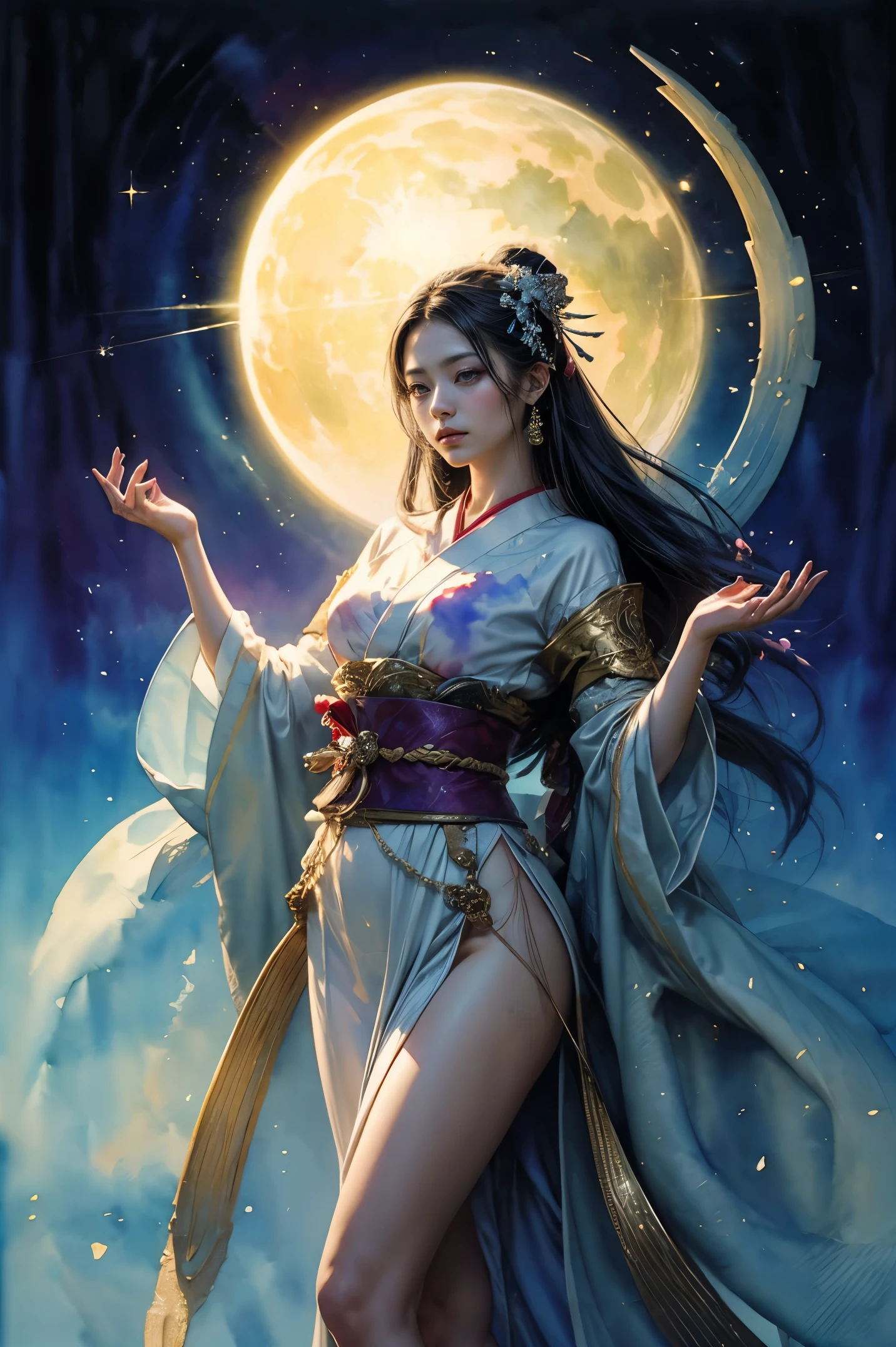 (masutepiece, of the highest quality, Best Quality, Official art, (Beautiful and aesthetic:1.4), (watercolor paiting:1.4) ), (izanami1.5), Goddess of Japan mythology, Dignified beauty, a goddess of creation、Goddess of Life、Komono、((((Komono))))、Support for samsara, God's Grace, Gentle and meditative expression, Flowing Celestial Garments, brilliance、created all the landscapes and worlds on earth, A dazzling dance of lights, Whispers of ancient lore