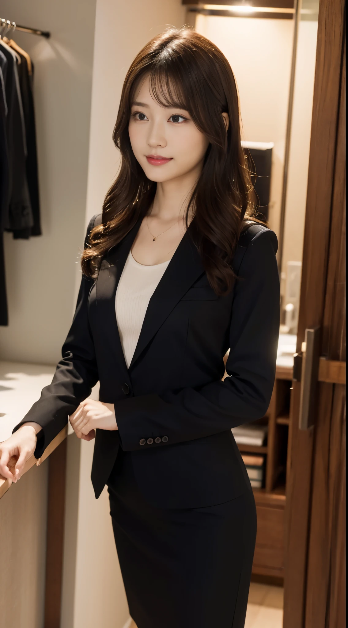 ultra best quality、in 8K、masuter piece、Professionally taken photos，​masterpiece，Japan at 25 years old ，The best smile，Looking away，Flashy makeup with red eyeshadow，Officelady，Medium chest，Slender body，Black Office Lady Suit（skirt type）、vertically curled brown hair、eye glass、Change clothes in the changing room、