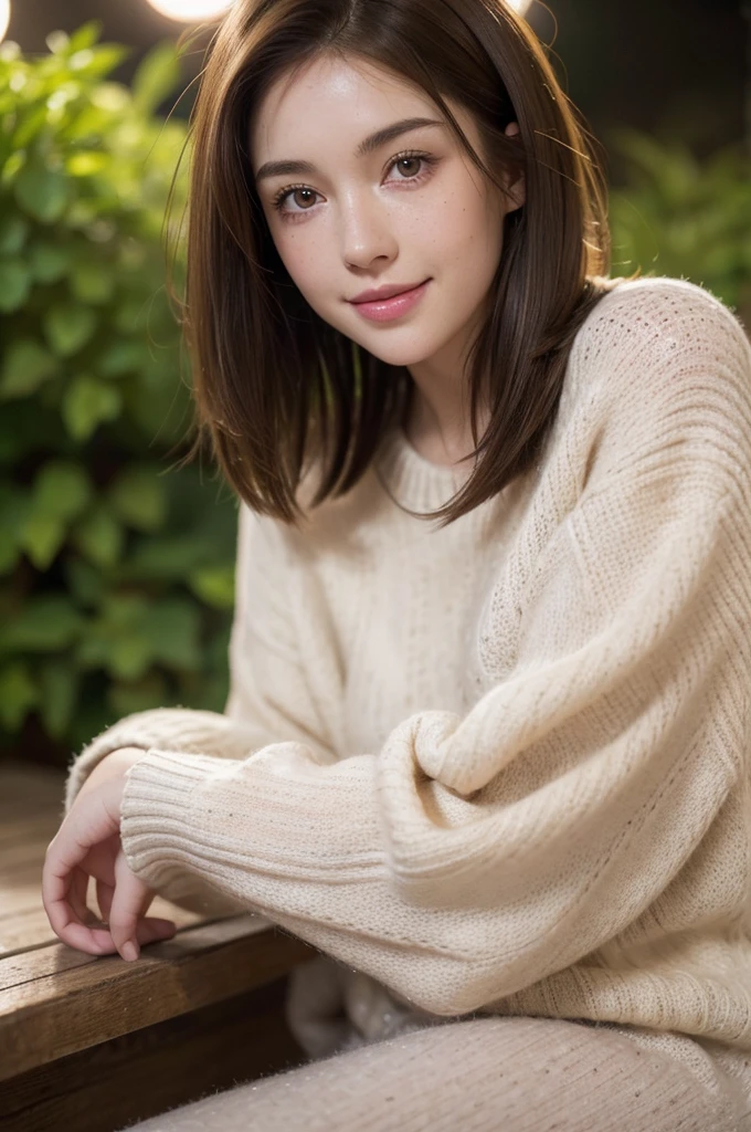 Sharpen, intaglio, Hyper-realism,close up, Best quality at best, ultra - detailed, Realistic1.4, Ultra-delicate skin, natural hair color, 1 girl,,(Hefty Smile), freckle ,(brunette color hair, short detailed hair: 1.3), (Realistic skin), (Sweaters), detailed photograph, (sexy for), (Alone), traditional garden at night