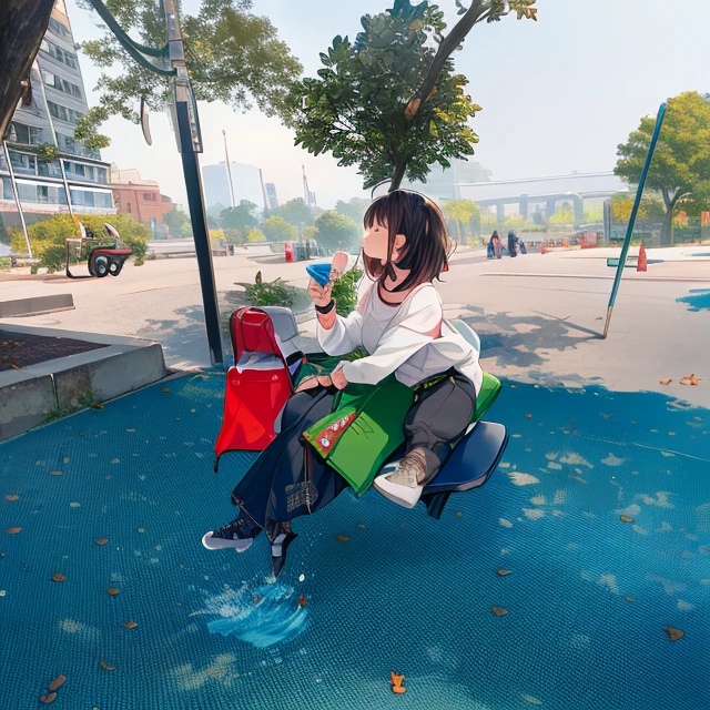 There was a woman sitting on a bench eating a piece of food, There is a park behind, Set in the park, at park, Shot with Sony alpha 9, Shot with Canon 80D, girl, The feeling of, maam, drinking, Have a great time, teenage girl riding a dragon, Shot with Canon eos 5d mark IV