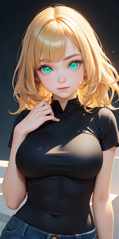 , middle gold hair,blunt bangs:1.5,messy hair:1.5, (photorealistic:1.4), (masterpiece, sidelights, exquisite beautiful eyes: 1.5), masterpieceportrait, realistic, 3D face,,kawaii face,front view: 1.5、 (glowing green eyes:1.2),plump face:1.5,(tareme:1.5)、(dark persona:1.5),Rosy Mouth,Slim Body,abs, shiny hair, shiny skin: 1.5、large breasts:1.3,solo,(stand)、(cutout between underboob and t-shirt)、(charactor focus:1.5、portrait)、upper body,