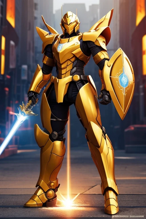 机器人　mechs　golden colored　spartan style　Light armor　mechsニカルヘッド　Equipped with a laser spear on the right hand　Equipped with a small shield on the left hand　Character erasure　Background Removal