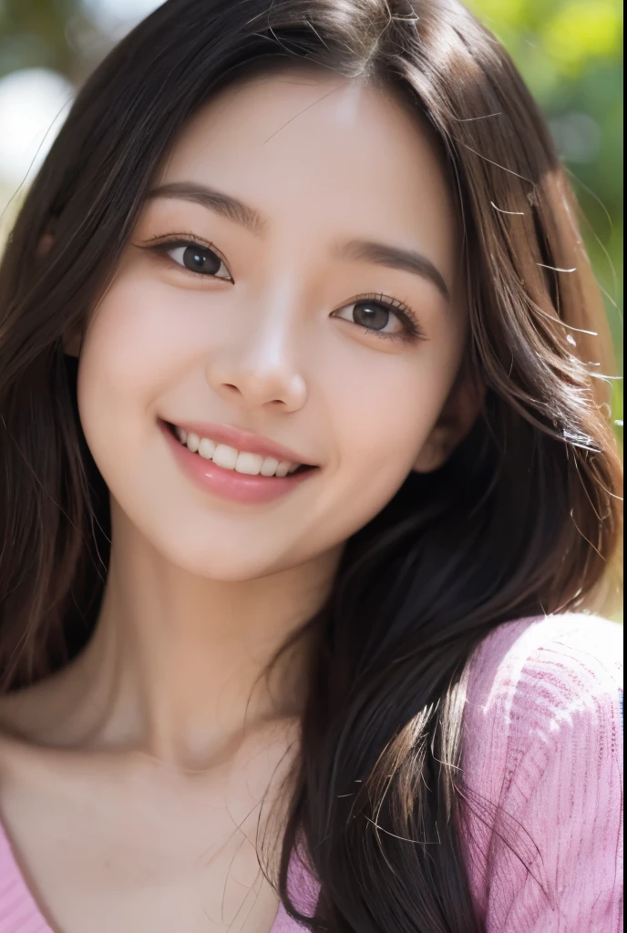 (highres)A girl with a beautiful smiling face, happy expression, and bright eyes, (realistic) radiating joy and positivity. (ultra-detailed, portraits) Her lips are curved upwards, showcasing her captivating smile, creating a cheerful atmosphere. (vivid colors) The portrait is vibrant, featuring a range of warm and inviting colors, such as shades of pink and yellow, enhancing the joyful ambiance. (sharp focus) The details of her face, including her rosy cheeks and the fine lines around her eyes, are sharply defined, adding depth and realism to the image. (studio lighting) The lighting is soft and illuminates her face perfectly, accentuating her features and creating a pleasant glow. The background is a serene garden, filled with colorful flowers and lush greenery, complementing the girl's radiant smile.