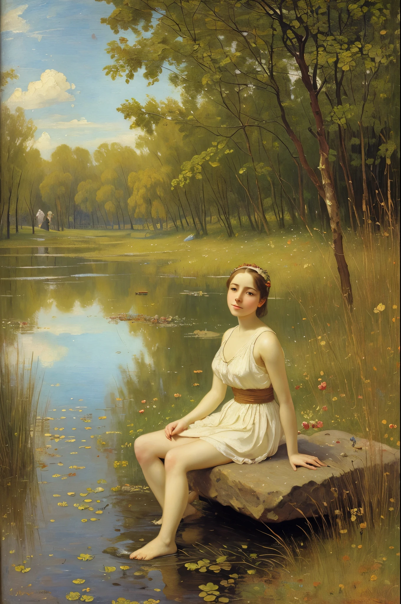 young Slavic dreamy girl sitting on a stone by a pond with reeds ((in the style of Ilya Repin)), 19th century, ((oil painting)), Colorful, 極端なディテール, ((Masterpiece)), ((Single Shot)), Impression, perspective, 8K