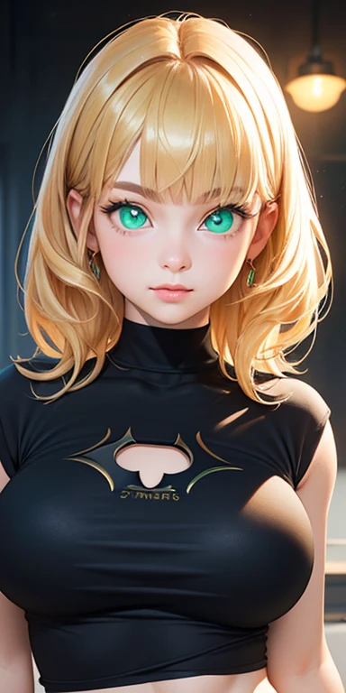 , middle gold hair,blunt bangs:1.5,messy hair:1.5, (photorealistic:1.4), (masterpiece, sidelights, exquisite beautiful eyes: 1.5), masterpieceportrait, realistic, 3D face,,kawaii face,front view: 1.5、 (glowing green eyes:1.2),plump face:1.5,(tareme:1.5)、(dark persona:1.5),Rosy Mouth,Slim Body,abs, shiny hair, shiny skin: 1.5、large breasts:1.3,solo,(stand)、(cutout between underboob and t-shirt)、(charactor focus:1.5、portrait)、upper body,