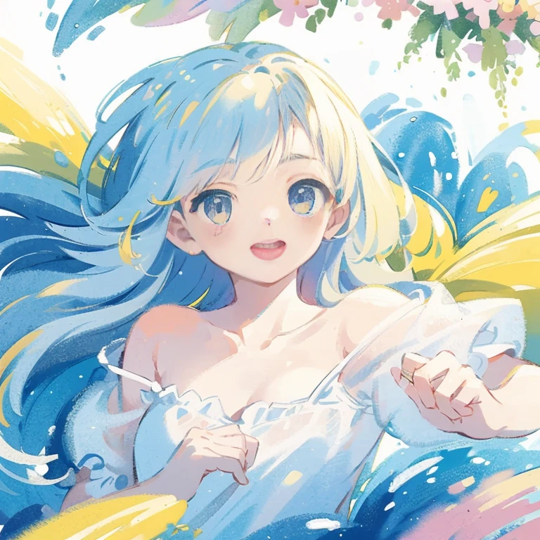 (masterpiece、top-quality)、flowers background、One Little Girl、Sentimental、white clothes、frilld、lightblue hair、Wave Shorthair、bare-legged、Cat ears、Turned、