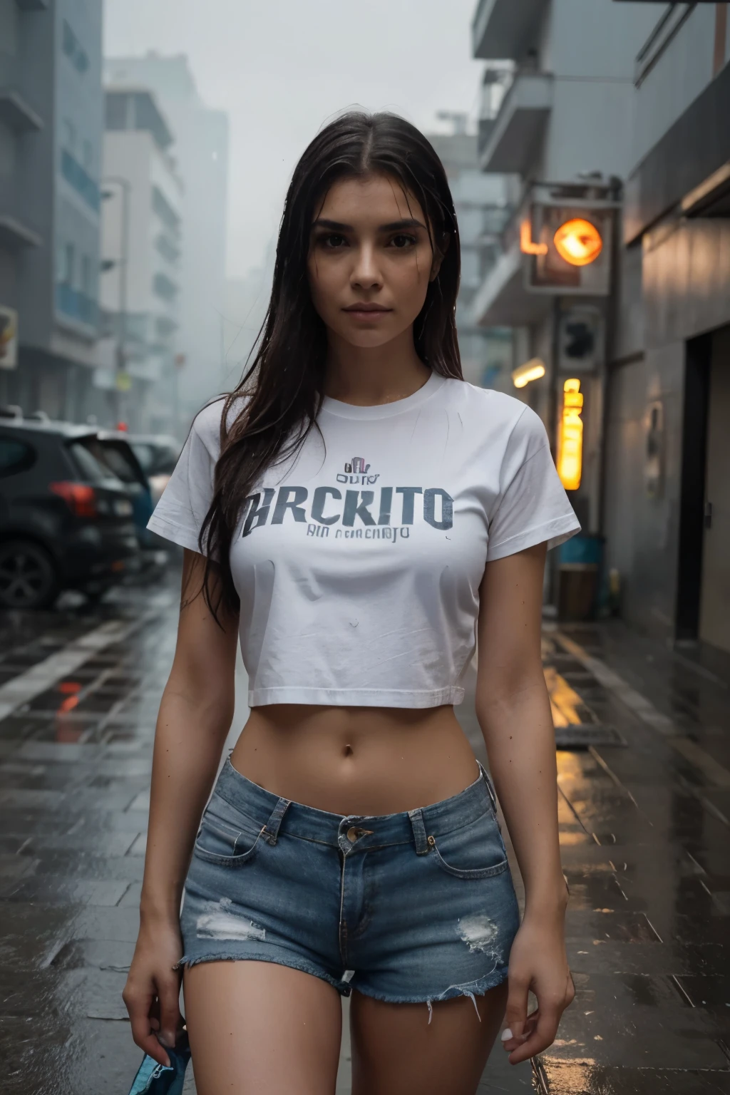 Una hermosa mujer con cabello ondulado, ojos atractivos, all Detallado, piernas gruesas y sexys, Wearing little T-shirt and black panty , black panties , in the beautiful futuristic cyberpunk city, Nacido de la niebla, Wet, Lloviendo, Obra maestra de mejor calidad, foto realista, Detallado, 8k, HDR, poca profundidad de campo, Luz amplia, alto contraste, Luz de fondo, Destellos de luz, chromatic abberation, sharp focus, Foto en color RAW, all very Detallado