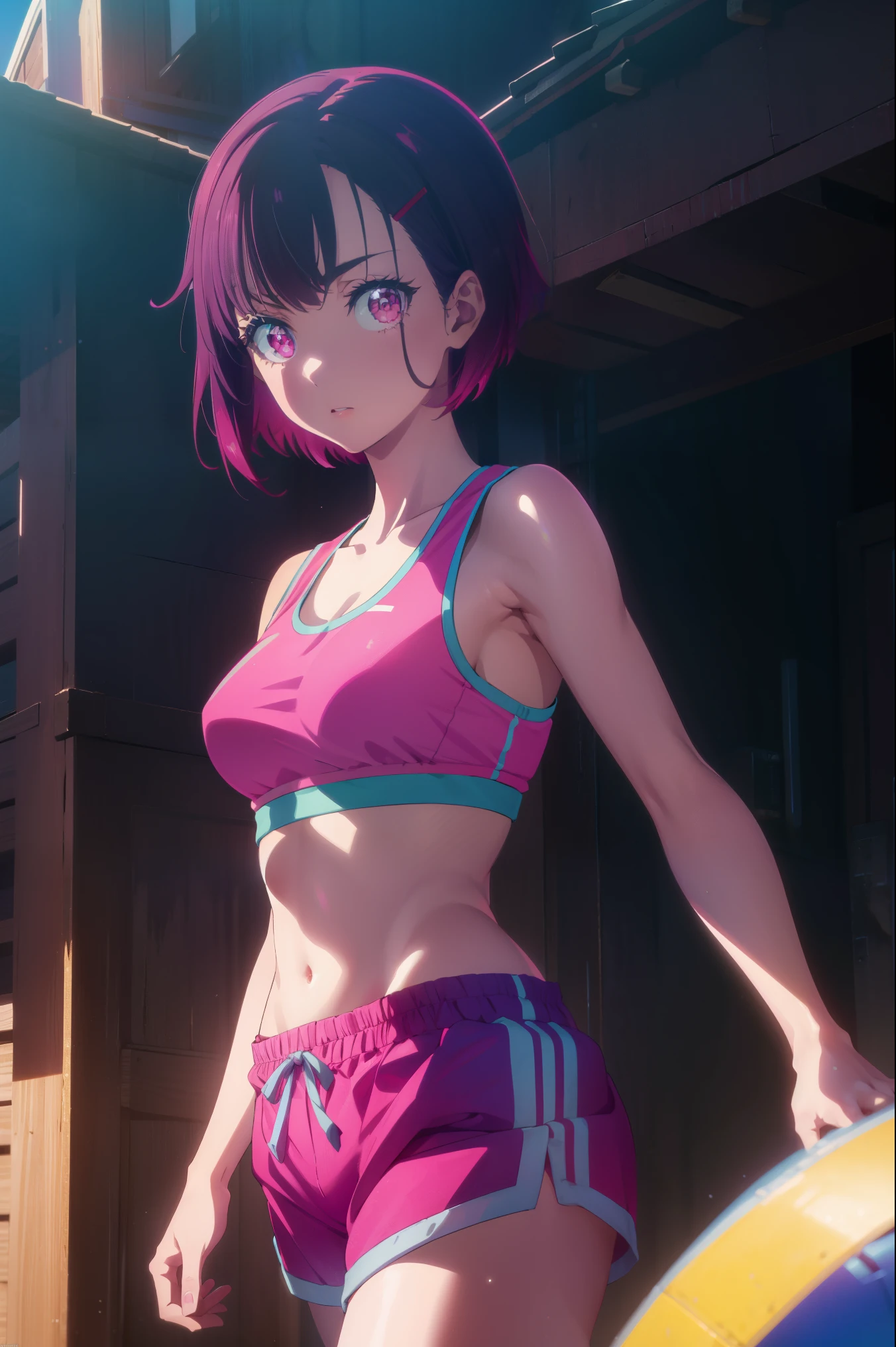 shizukamikazuki, shizuka mikazuki, short hair, purple hair, hair ornament, hairclip, (pink eyes:1.5), swept bangs,
BREAK navel, sports bra, sportswear, shorts, pink shorts,
BREAK looking at viewer,
BREAK outdoors,
BREAK (masterpiece:1.2), best quality, high resolution, unity 8k wallpaper, (illustration:0.8), (beautiful detailed eyes:1.6), extremely detailed face, perfect lighting, extremely detailed CG, (perfect hands, perfect anatomy),