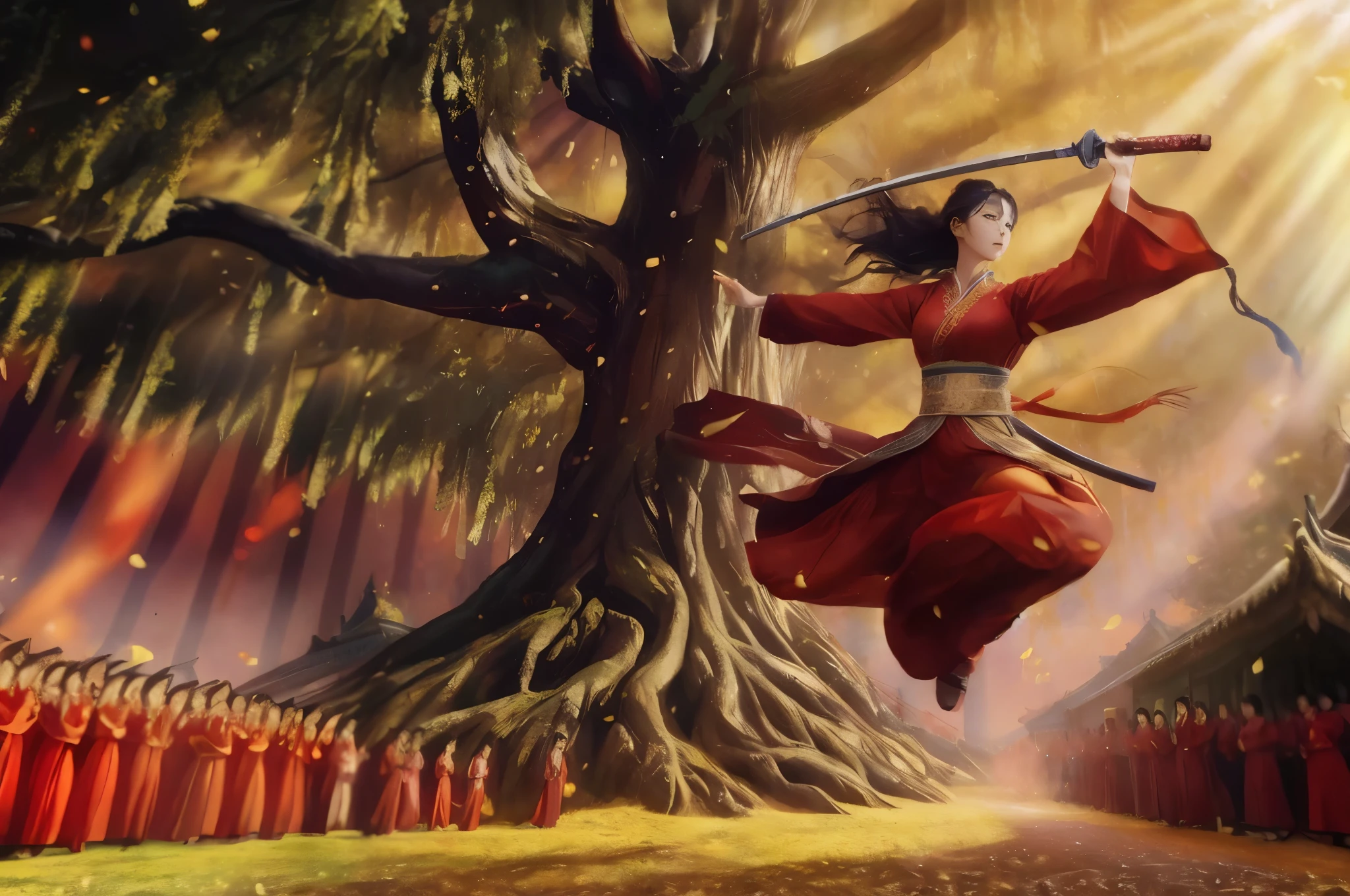 liuyifei, a Chinese woman wear red traditional Chinese dress, iron sword kung-fu dance, jump and dancing pose, Ginkgo forest, face detail, face focus, full body, spiral of ginkgo leaves around her, dramatic light, movie scene. BREAK (speed line, motion blur:1.4)