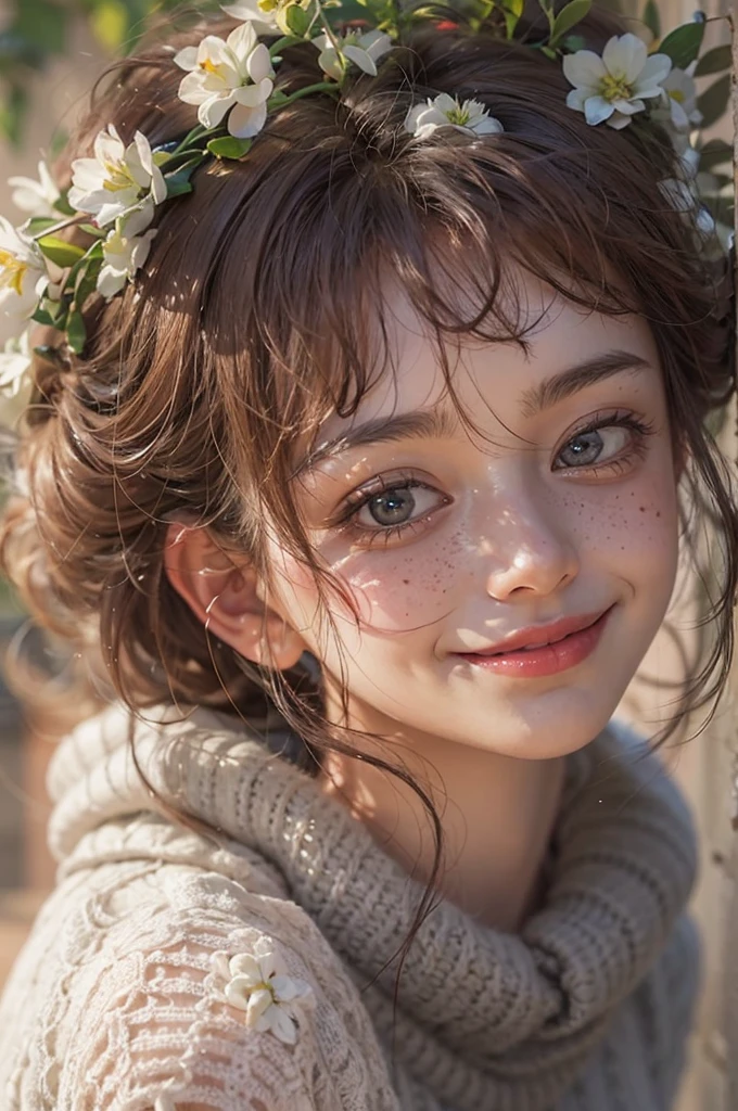 Sharpen, intaglio, Hyper-realism,close up, Best quality at best, ultra - detailed, Realistic1.4, Ultra-delicate skin, A girl with flowers on her head,(Hefty Smile), freckle ,(brunette color hair, short detailed hair: 1.3), (Realistic skin), (Sweaters), detailed photograph, (sexy for), (Alone), traditional garden at night