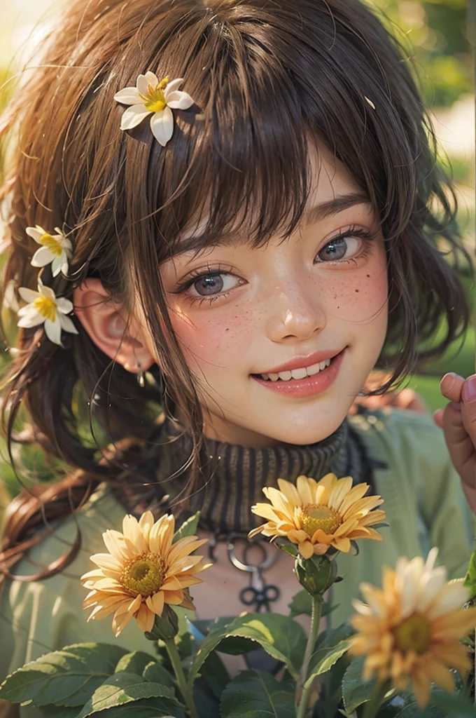Best quality at best, hyper HD, (realisticlying:1.4),Sunset sun, A girl with flowers on her head,,(Hefty Smile), freckle ,(brunette color hair, short detailed hair: 1.3), (realisticlying的皮肤), (Sweaters), detailed photograph, (sexy for), (filmgrain), low-contrast, facing at the camera, close up (tmasterpiece: 1.3), (8K, realisticlying, Best quality at best: 1.4), hoang lap, (Attractive), 超高分辨率, hyper realisitc.