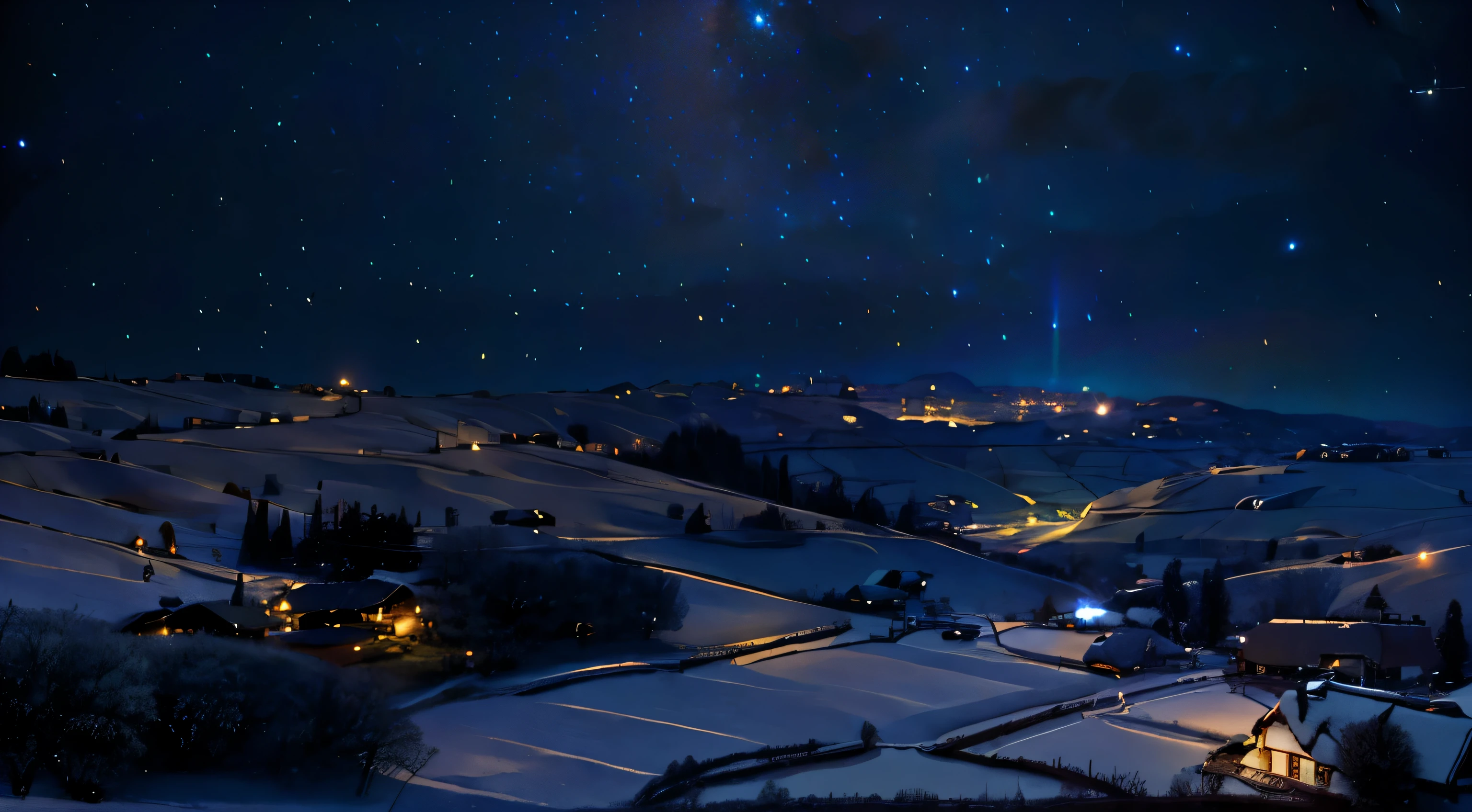 a quiet village nestled amidst rolling hills. Dark Night. full of star