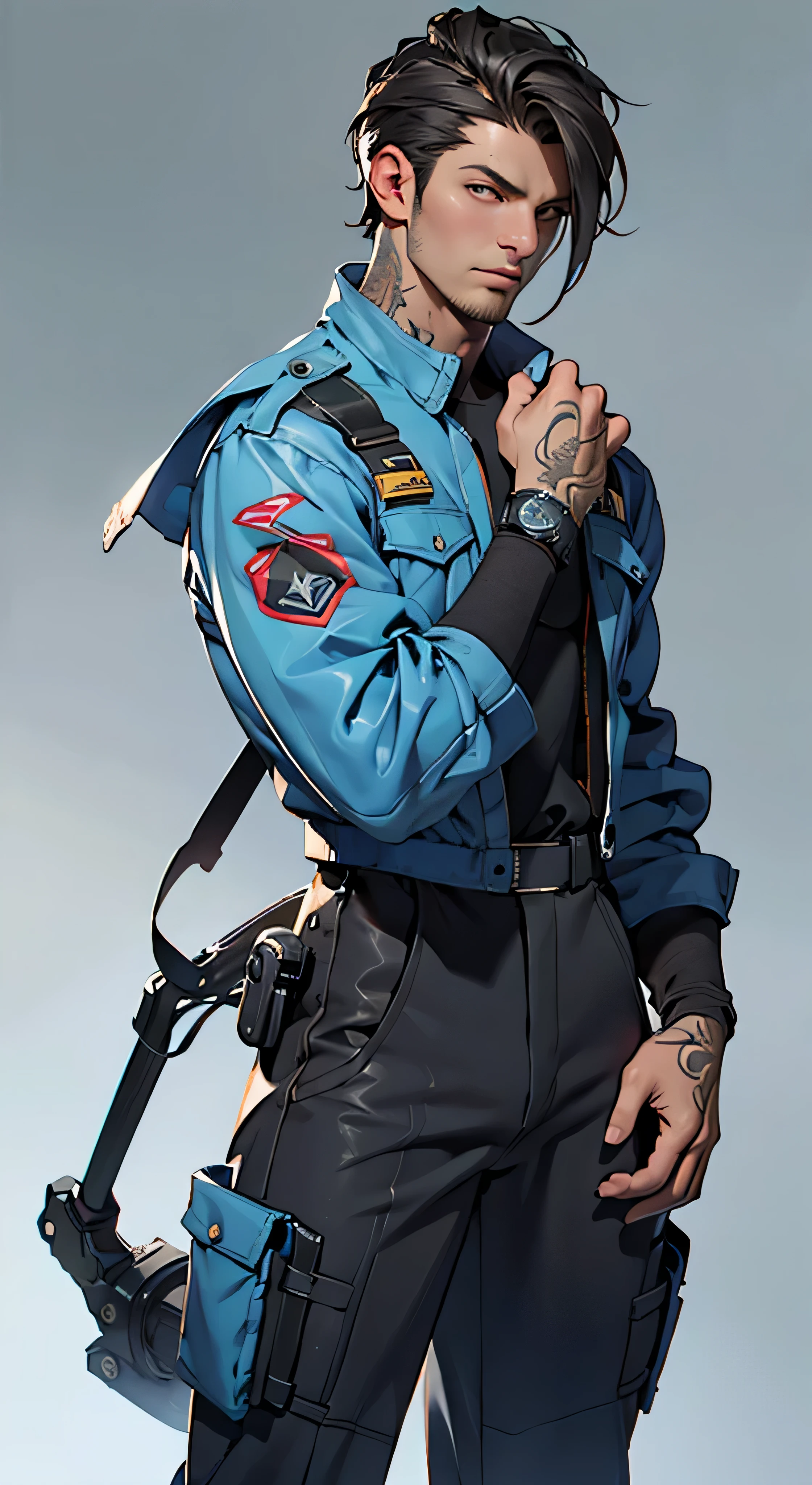 11:23(((Best quality at best: 1.4))),(Unbeatable masterpiece), (hyper HD),(Hyper-realistic 8k CG)、(dark colored hair) ((( body))), (((1男性))), 40-year-old American soldier with perfect body,,Beautiful and well-groomed face,muscular body:1.2,Solid royal blue jacket with details, (Pictures from head to thighs,Complex equipment,long trousers,The clothes inside are dark,Clothes with armored metal electronic parts, Poison tattoos )