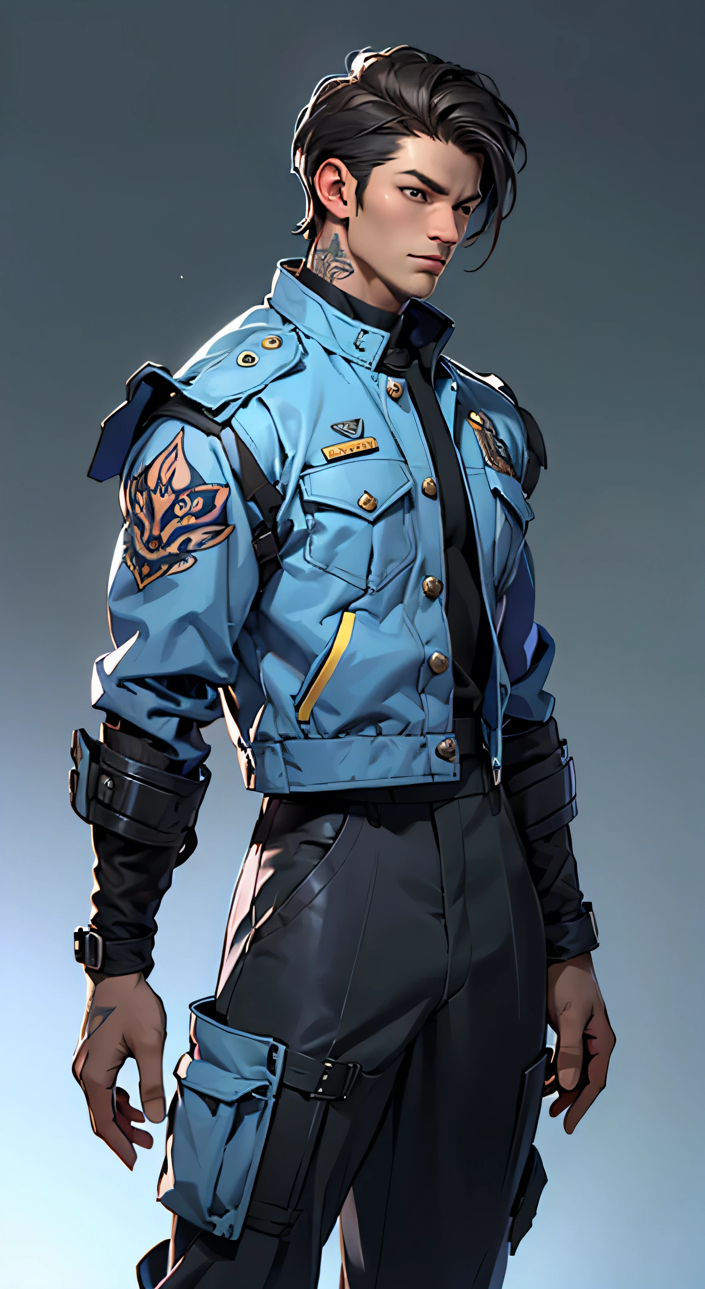 11:23(((Best quality at best: 1.4))),(Unbeatable masterpiece), (hyper HD),(Hyper-realistic 8k CG)、(dark colored hair) ((( body))), (((1男性))), 40-year-old American soldier with perfect body,,Beautiful and well-groomed face,muscular body:1.2,Solid royal blue jacket with details, (Pictures from head to thighs,Complex equipment,long trousers,The clothes inside are dark,Clothes with armored metal electronic parts, Poison tattoos )