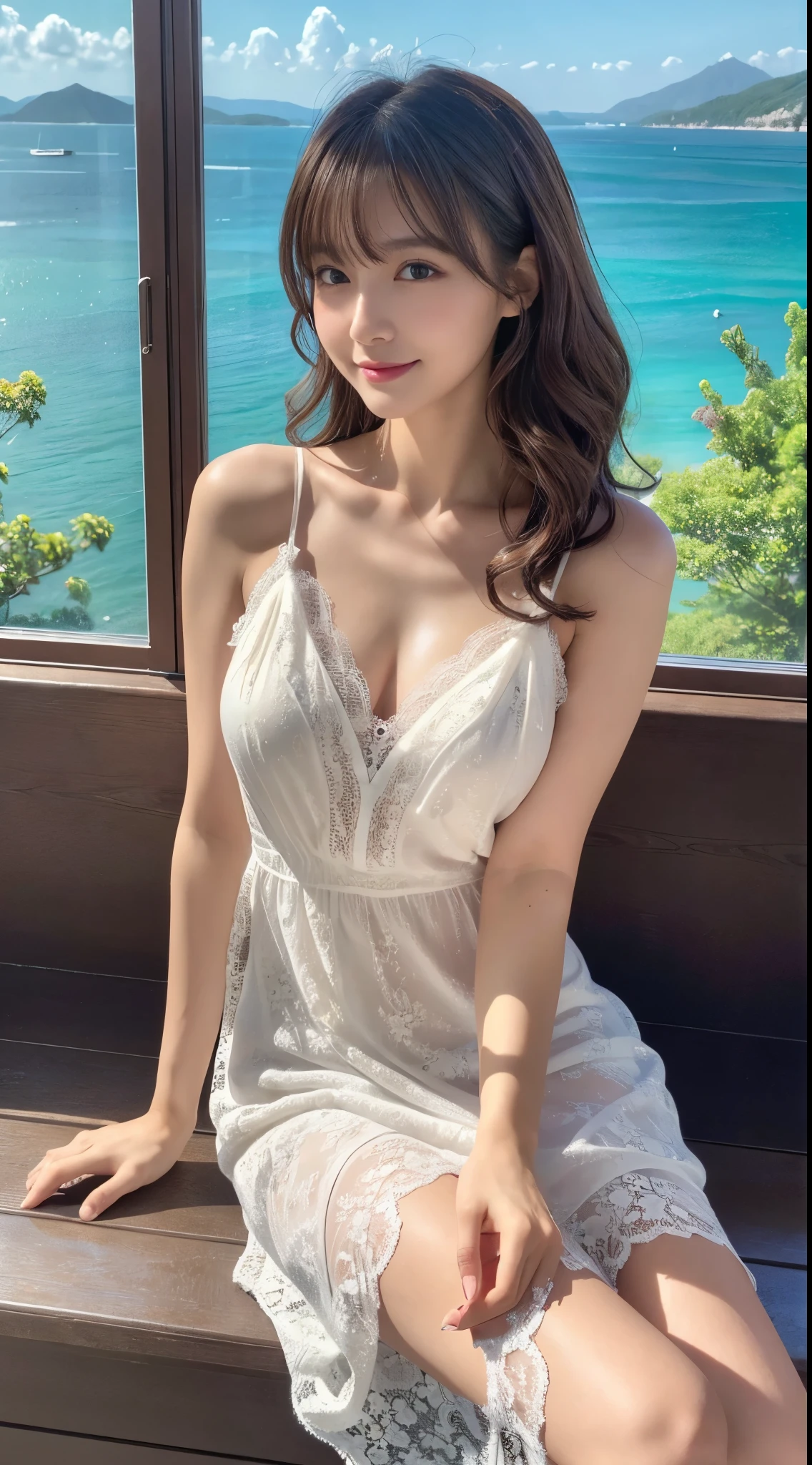 (1girll:1.2),(8K, Best Quality, tmasterpiece), (Realistic, Photorealsitic:1.37), ultra - detailed, adolable, 独奏, 可adolable日本人女性,brown haired,By bangs, Curly, Hair on the shoulders, beautiful and delicate eyes,Eyes speak,long eyelasher, ssmile,Moisturizes skin,V Neck White Lace Dress,Magnificent view,Evocative,so sexy,Bright sunshine、细致背景、