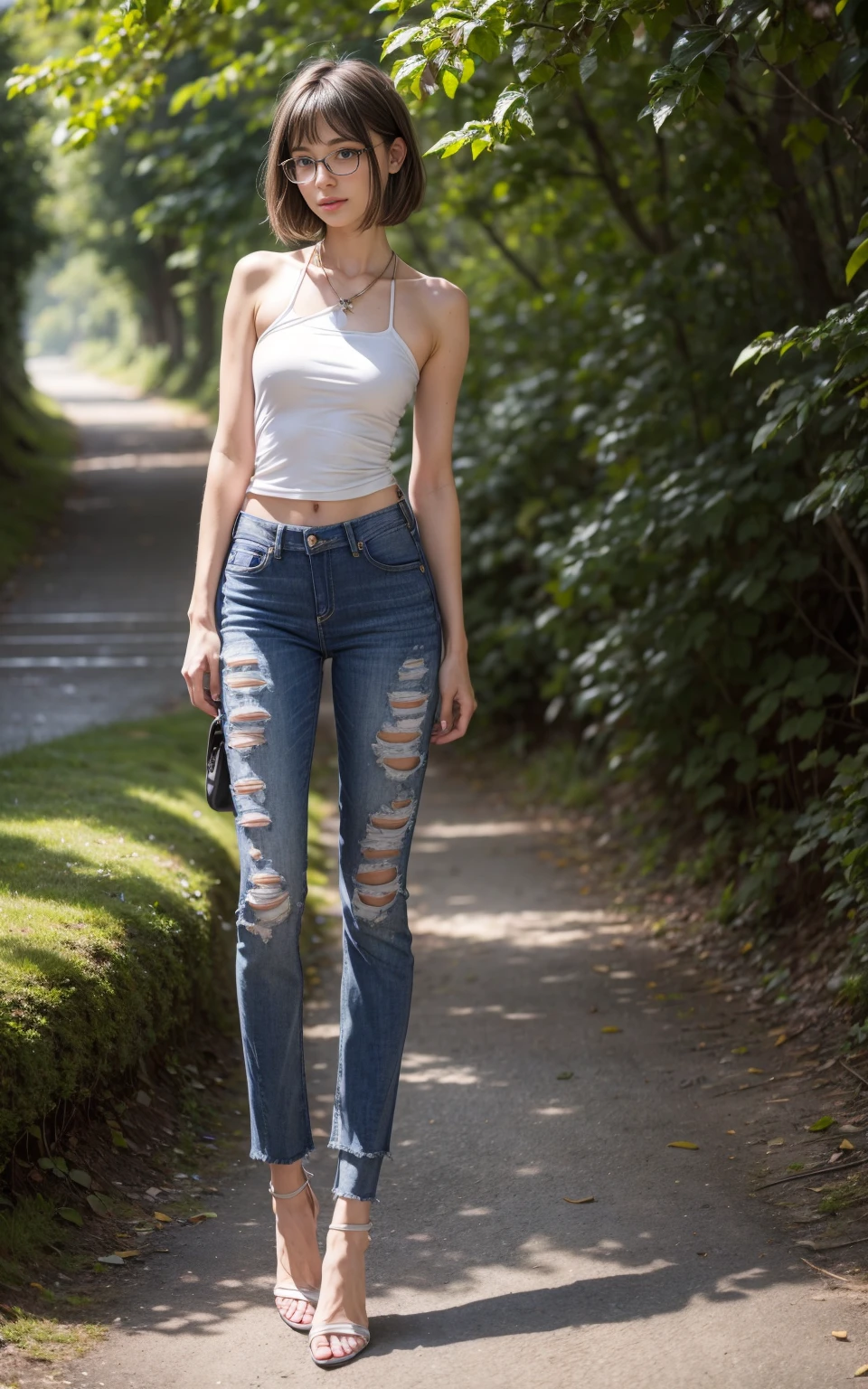 (8K, Masterpiece, RAW photo, Best quality, detail:1.3), (ultra realistic Natural background, scenary:1.5), Depth of field, Cinematic light, (ultra realistic face), (1 picture of 1 solo girl Airim Jones:1.6), 1girl, (Beautiful and elegant Russian girl), (skinny girl with glasses), (European face:1.3), (perfect complete full body:1.6), (full body shot including shoes:1.6), (perfect [frontal view|side profile|back profile]:1.5), (small necklace, collarbone:1.1), ( [bangs|pigtails|bob|pixie] hair:1.5), (ultra detailed skin:1.4), (sexy red minitop:1.5), (soft fabric miniTop:1.5), (Split Hem Jeans:2), (perfect standing pose:1.5), (perfect long legs:1.35), (low rise jeans:1.5), (low waisted jeans:1.5), (perfect shoes:1.5), (perfect feet:1.5), (perfect oriented feet:1.4)