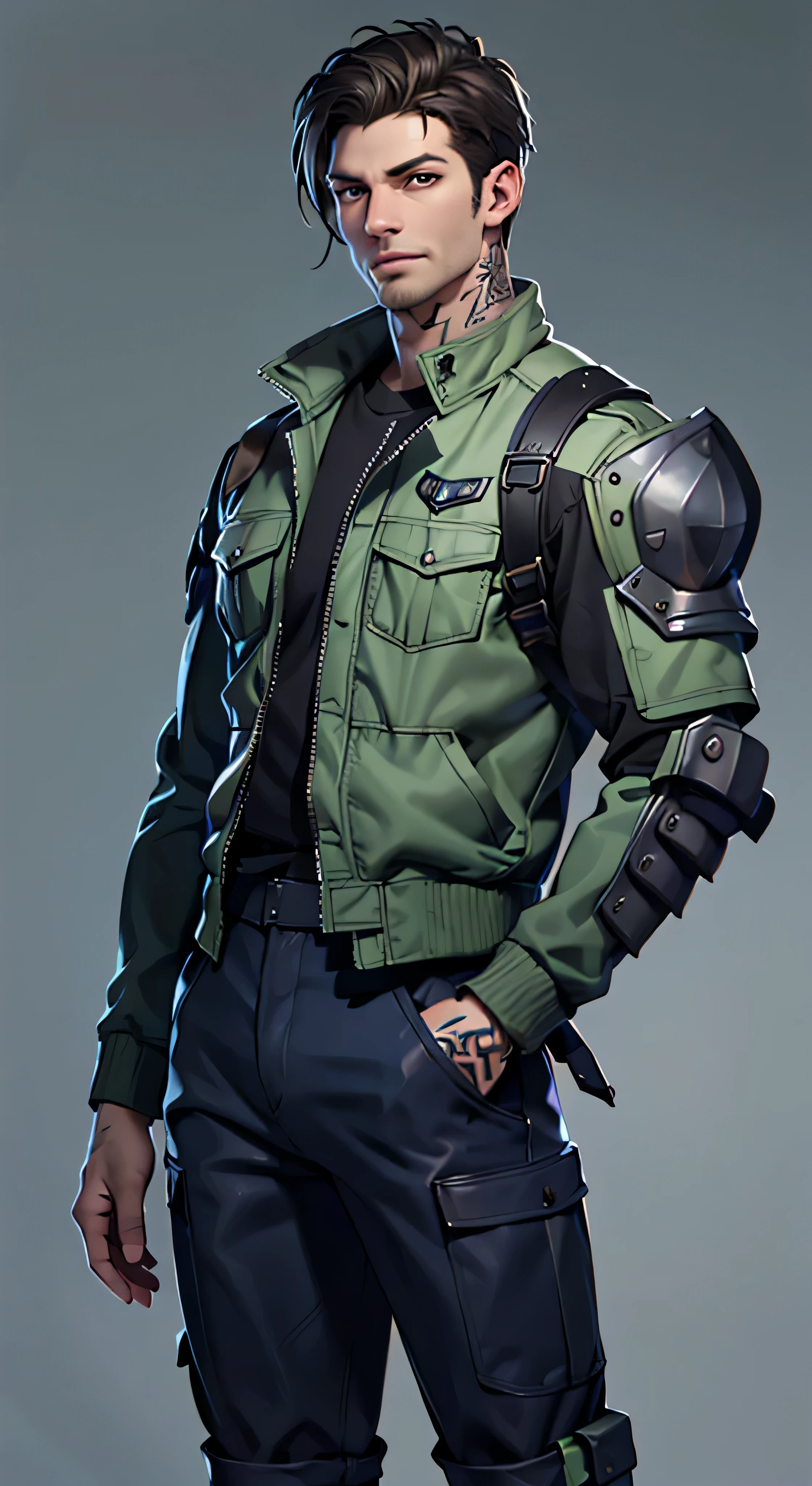 11:23(((Best quality: 1.4))),(Unbeatable masterpiece), (hyper HD),(Hyper-realistic 8k CG)、（dark colored hair） ((( body))), (((1男性))), 40-year-old American soldier with perfect body,,Beautiful and well groomed face,muscular body:1.2,Solid royal blue jacket with details, (Pictures from head to thighs，Complex equipment，long trousers，The clothes inside are dark，Clothes with armored metal electronic parts, Poison tattoos )