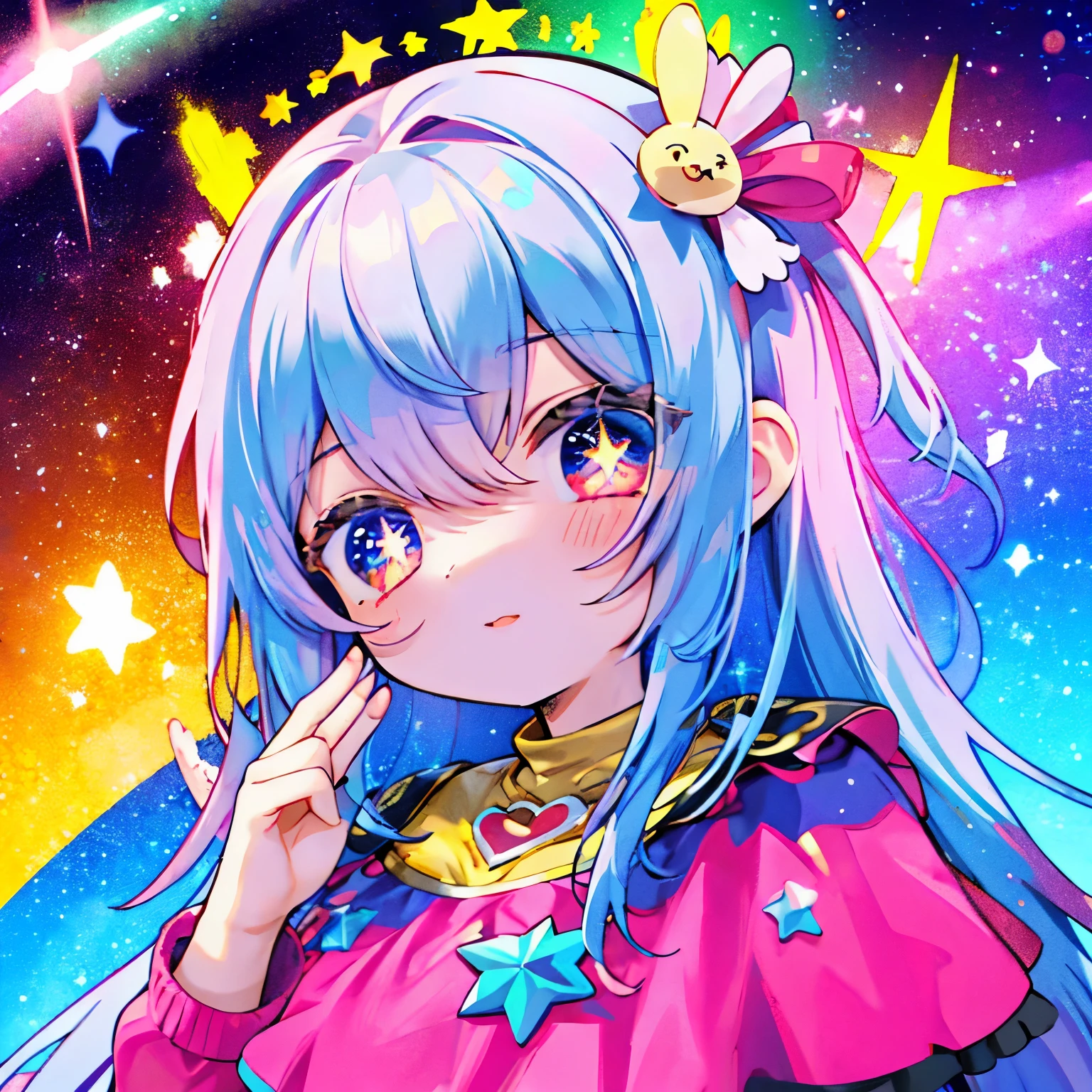 Girl with long hair, a lot of accessories, big eyes, different colored eyes, star-shaped pupils, sparkles, vibrant colors, stickers, bust up, hand poses