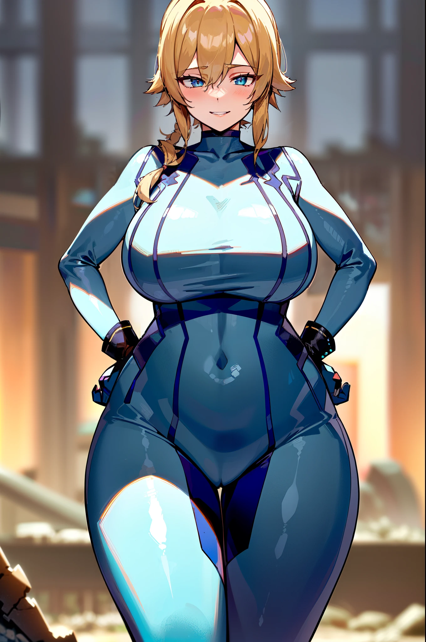 masterpiece, best quality, extremely detailed, 1girl, mature female, solo, jeanrnd, (gigantic breasts:1.3), (((blonde hair, ahoge, long hair, blur eyes))), parted lips, (((zero suit, blue gloves))), ((yandere trance, evil smile), closed mouth), ((hands on own hips, ancient ruins))