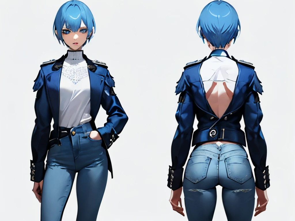 blue hairs,Short hair details,Punk coat,wear white shirt,denim pant,blue colored eyes,one-girl,20yr old,with whole body visible,Standing Picture (Single background, white backgrounid: 1.3), multi view, multi view of the same character in the same outfit: 1.3.