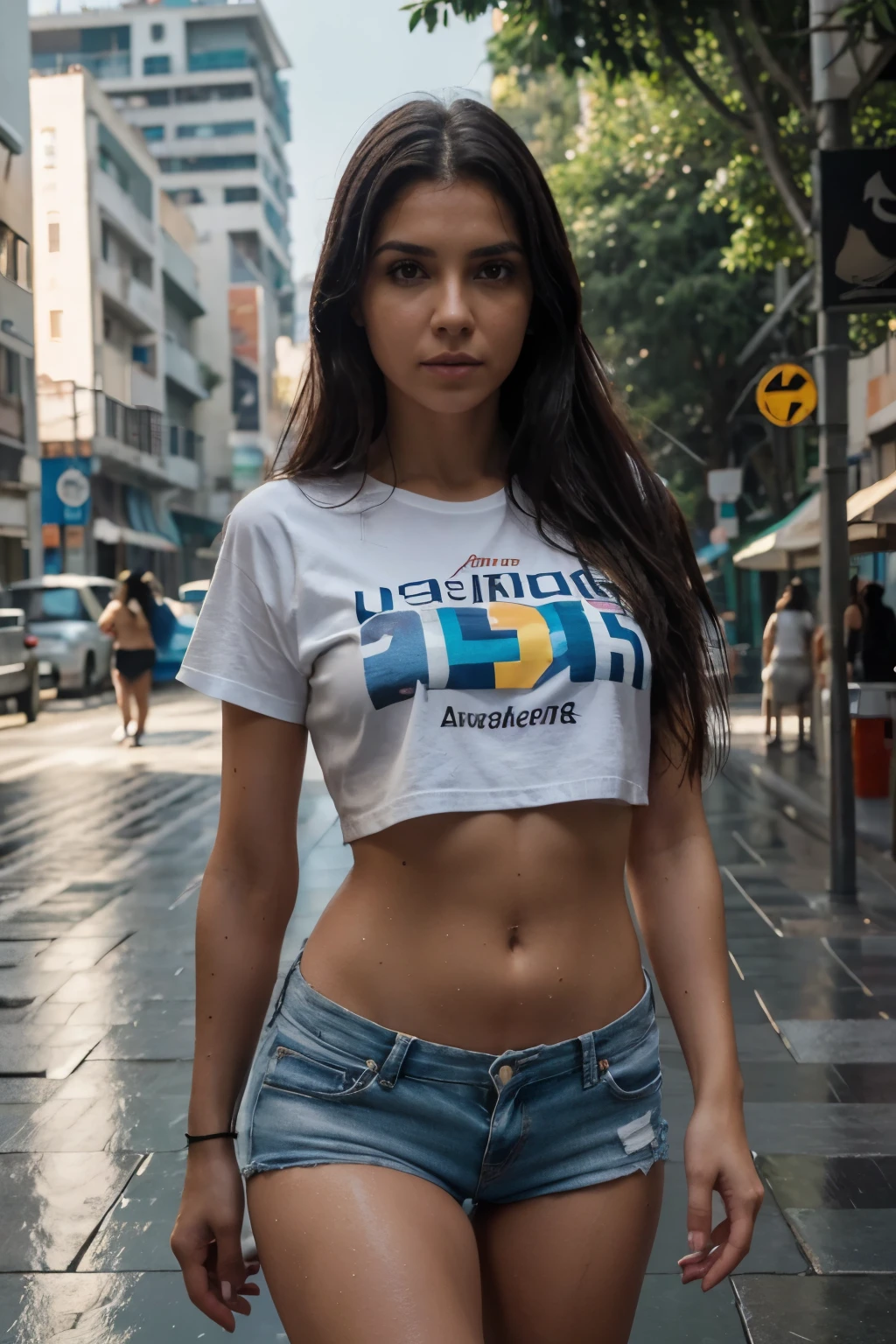 Una hermosa mujer italiana con cabello ondulado, ojos atractivos, all Detallado, piernas gruesas y sexys, Wearing little T-shirt shorts in the beautiful futuristic cyberpunk city, Nacido de la niebla, Wet, Lloviendo, Obra maestra de mejor calidad, foto realista, Detallado, 8k, HDR, poca profundidad de campo, Luz amplia, alto contraste, Luz de fondo, Destellos de luz, chromatic abberation, foco nítido, Foto en color RAW, all very Detallado