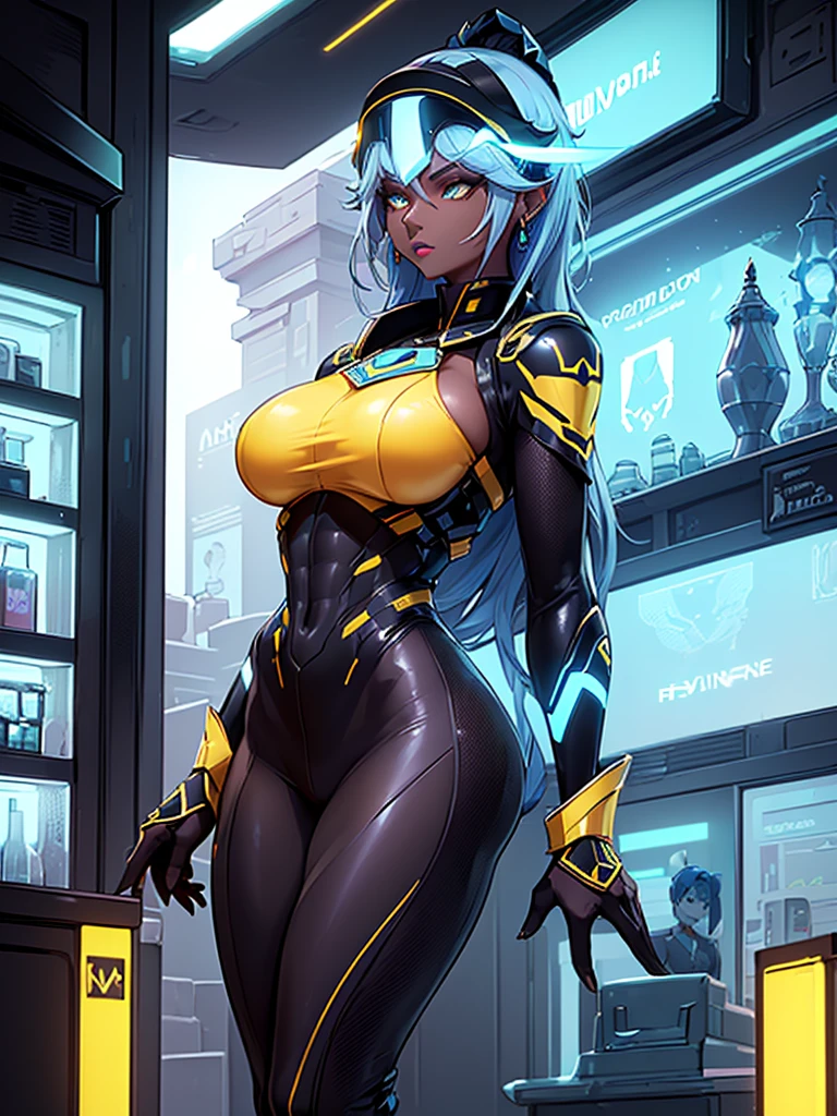 ((Best Quality)), ((Masterpiece)), (Detail: 1.4), Intricate details, Cinematic lighting, Sharp focus, Detailed face, (((1 woman))), Business woman with medium light blue hair, Yellow eyes, (Futuristic visor:1.4), (Dark skin:1.4), (Black business outfit:1.5), (Tall woman:1.5), Earrings, Lipstick, (Medium breasts:1.3), Inside a futuristic shop,