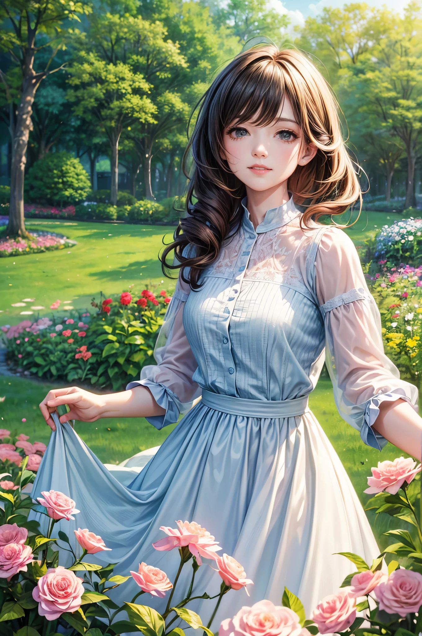 A girl in a garden, (best quality, 4k, 8k, highres, masterpiece:1.2), spring outfits, colorful hair, outdoor, clouds, upper body, flowers, sunlight, soft breeze, vibrant colors, joyful expression, natural lighting