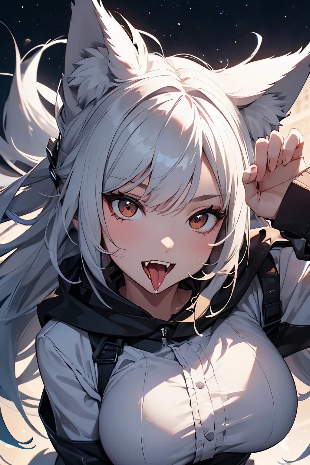 1girl, wolf pose, mouth open, fangs, wolf ears, masterpiece, best quality, super detail