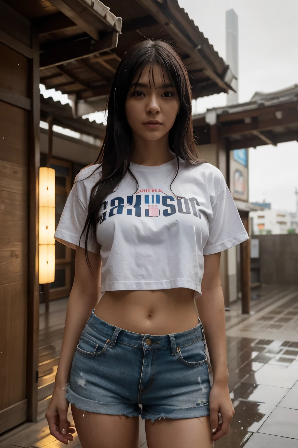 Una hermosa mujer japonesa con cabello ondulado, ojos atractivos, all Detallado, piernas gruesas y sexys, Wearing little T-shirt shorts in the beautiful futuristic cyberpunk city, Nacido de la niebla, Wet, Lloviendo, Obra maestra de mejor calidad, foto realista, Detallado, 8k, HDR, poca profundidad de campo, Luz amplia, alto contraste, Luz de fondo, Destellos de luz, chromatic abberation, foco nítido, Foto en color RAW, all very Detallado