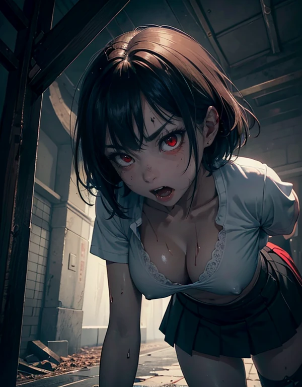 Masterpiece, A spectral zombie woman,(Best quality, highly detailed, beautiful and aesthetic:1.2),(delicate and beautiful),(ultra highly detailed CG illustration),(girl:1.1),(red eyes)(big nose:1.2),(beautiful face), (angry, furrowed eyebrows),(mad,feral:1.2)wearing school uniform, shorts skirt,(bangs,short hair), beautiful zombie, white skin, young woman,woumd sinthetic,(covered), (nightmare setting, outdoor,moon lighting),(illuminated with blood),crawling with four limbs,walk, quadrupedal walk on the road,lonely,bloods:1.2,surgical suture:1.3(masterpiece, best quality, highres:1.2), (photorealistic:1.4), (intricate and beautiful:1.2), (beautiful detailed eyes:1.2), (detailed light:1.2), (soft lighting, side lighting, reflected light), (intense orgasm), 1girl, 21 years old, chocolate brown side part, grey eyes, nsfw, (ahegao face, rolling eyes:1.3), wide open mouth, long (wet) tongue, drooling, light smile, (blush), small breasts, detailed nipples, skindentation, (lustrous skin:1.2), (realistic skin texture:1.2), head tilt, (v arms:1.3), (breasts squeezed together), (upper body), (HDR:1.3), (red background), (shirt lift:1.3)