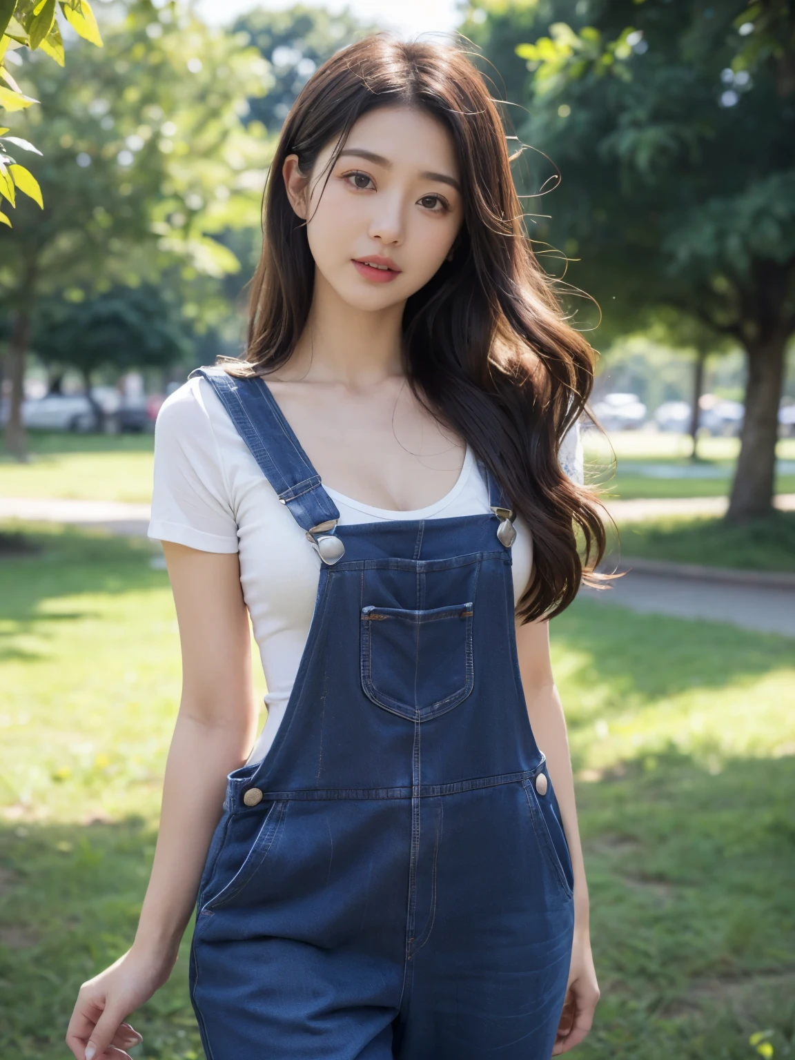 ((((top-quality))))、(((Ultra Precision CG16K Wallpapers)))、(((masterpiece)))、(((ultra-detailliert)))、(((Ultra-extreme details)))、1Man Woman、a matural female、a 25yo woman、((Japanese face))、((extremely beautiful face))、((Matsusima Nanako:1.5))、((Soft wave semi-long hair:1.3))、(shinny hair)、Bangs up to the eyebrows、Beautiful brown hair、Beautiful delicate eyes、Brown eyes、raised eyebrows、lofty nose、small nostrils、small mouth、seductive lips、slightly open mouth、Beautiful breasts、C-cup size breasts、cleavage of the breast、Plump body、perfectly proportions、perfect anatomia、perfect-composition、beautiful detailed shading、Beautiful natural lighting、Beautiful detail glow、depth of fields、(((a high chroma)))、(((realisitic:1.9)))、((Vivid:1.4))、((Beautiful skin))、((Skin texture))、((realisiticな皮膚感))、(((Head-to-thigh shot:1.5)))、((Frontal angle:1.5))、((Surprised face with open mouth:1.3))、(Eyes looking at me)、Bright sunshine、(((standing in park:1.3)))、(standing pose)、(((overalls clothing:1.5)))、
