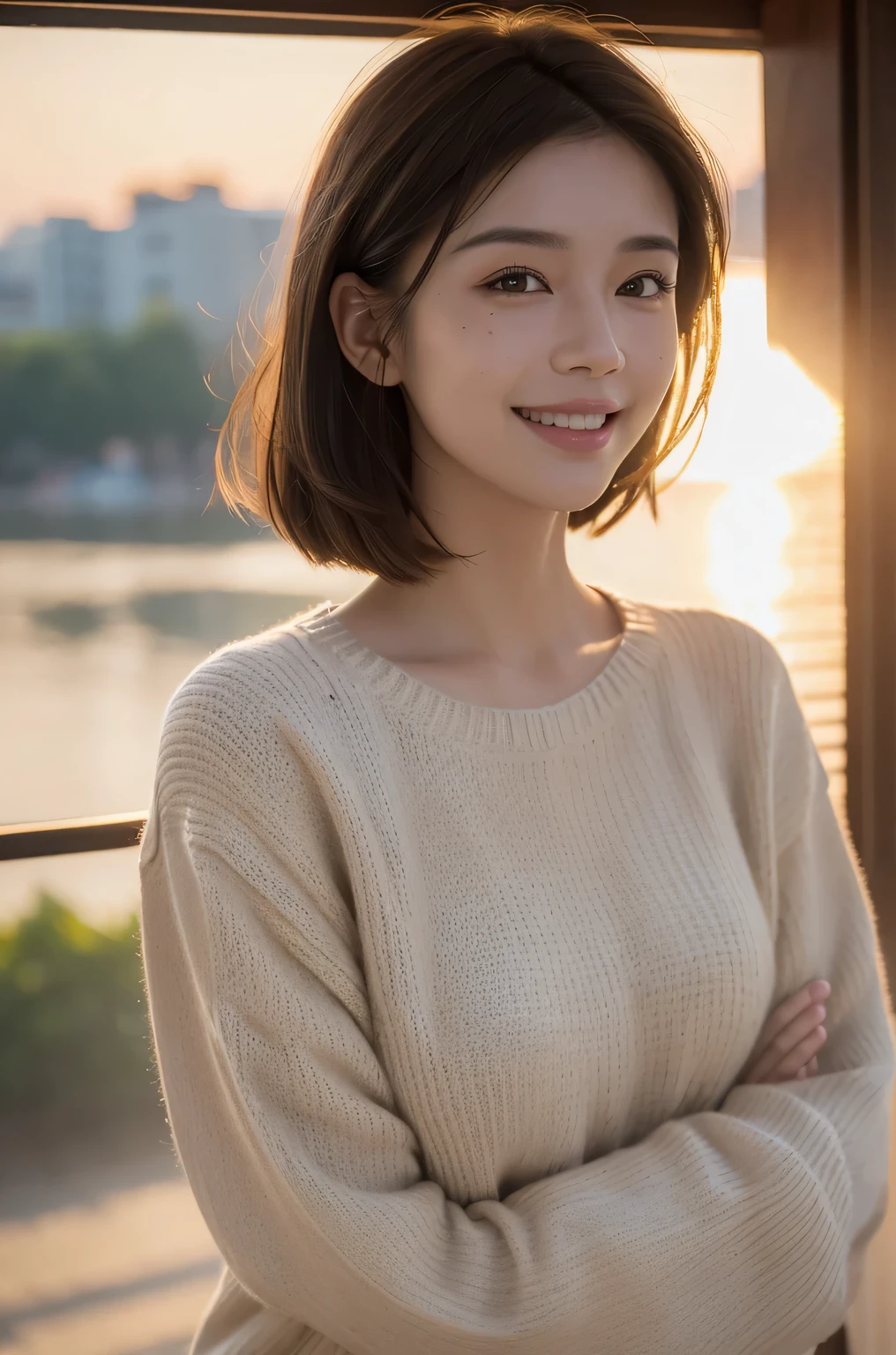 Best quality, hyper HD, (realistically:1.4),Sunset sun, girl with flowers on her head,,(Hefty Smile), freckle ,(black hair color hair, Short hair details: 1.3), (realistically的皮肤), (Sweaters), detailed photograph, (sexy for), (filmgrain), low-contrast, facing at the camera, close up (tmasterpiece: 1.3), (8K, realistically, Best quality: 1.4), Huang Li, (Attractive), 超高分辨率, hyper realisitc.